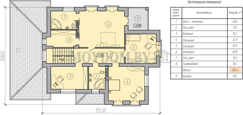 план второго этажа двухэтажного дома 12 на 15
