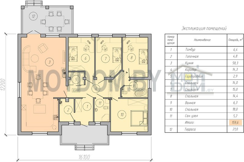 план одноэтажного дома до 150 с большой террасой 