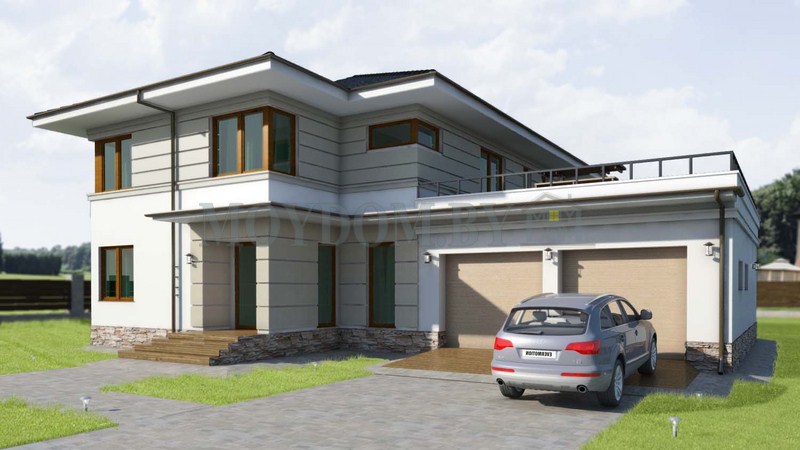 проект фото современного двухэтажного дома с гаражом на две машины 300 м.кв