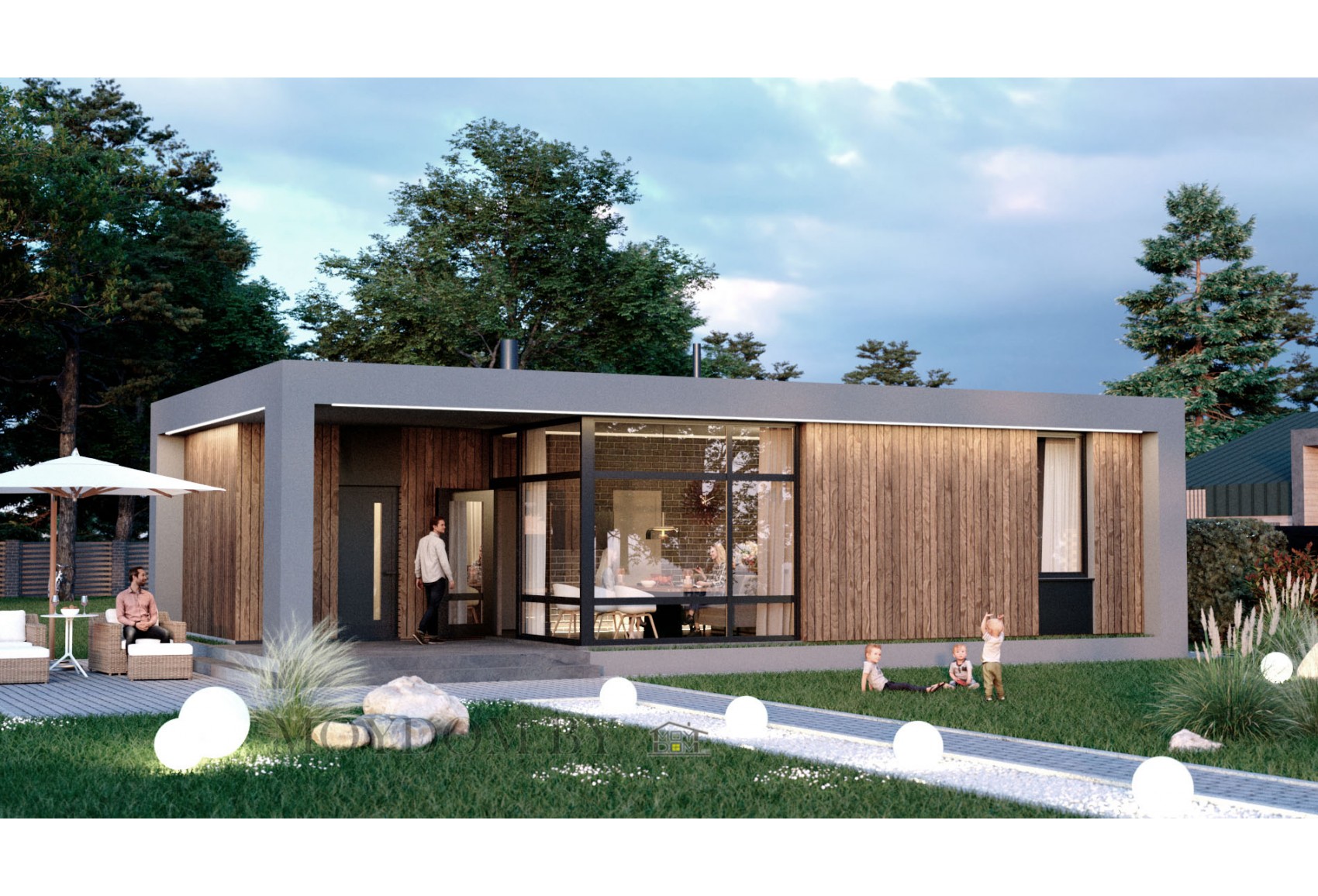 Проект одноэтажного дома с плоской крышей и двумя комнатами Проект одноэтажного дома с плоской крышей и двумя комнатами