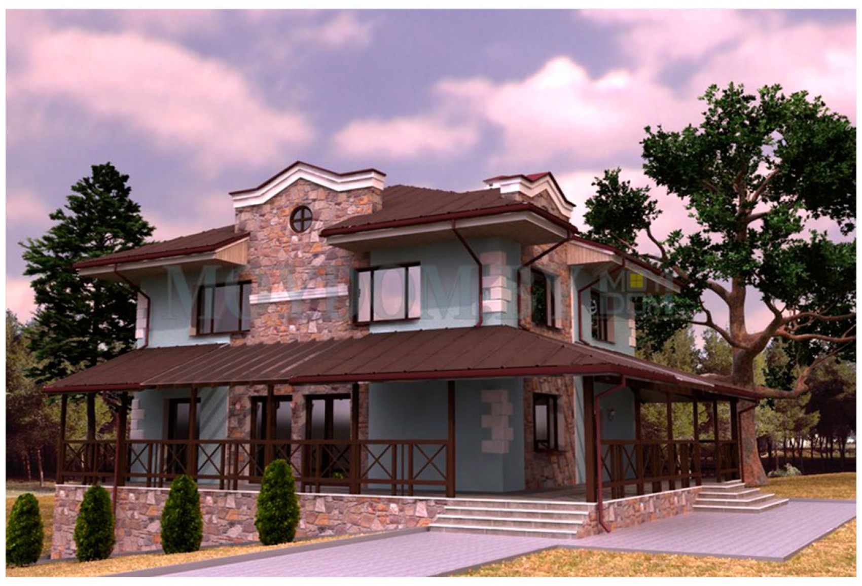 Проект двухэтажного дома с открытой террасой по периметру Проект двухэтажного дома с открытой террасой по периметру