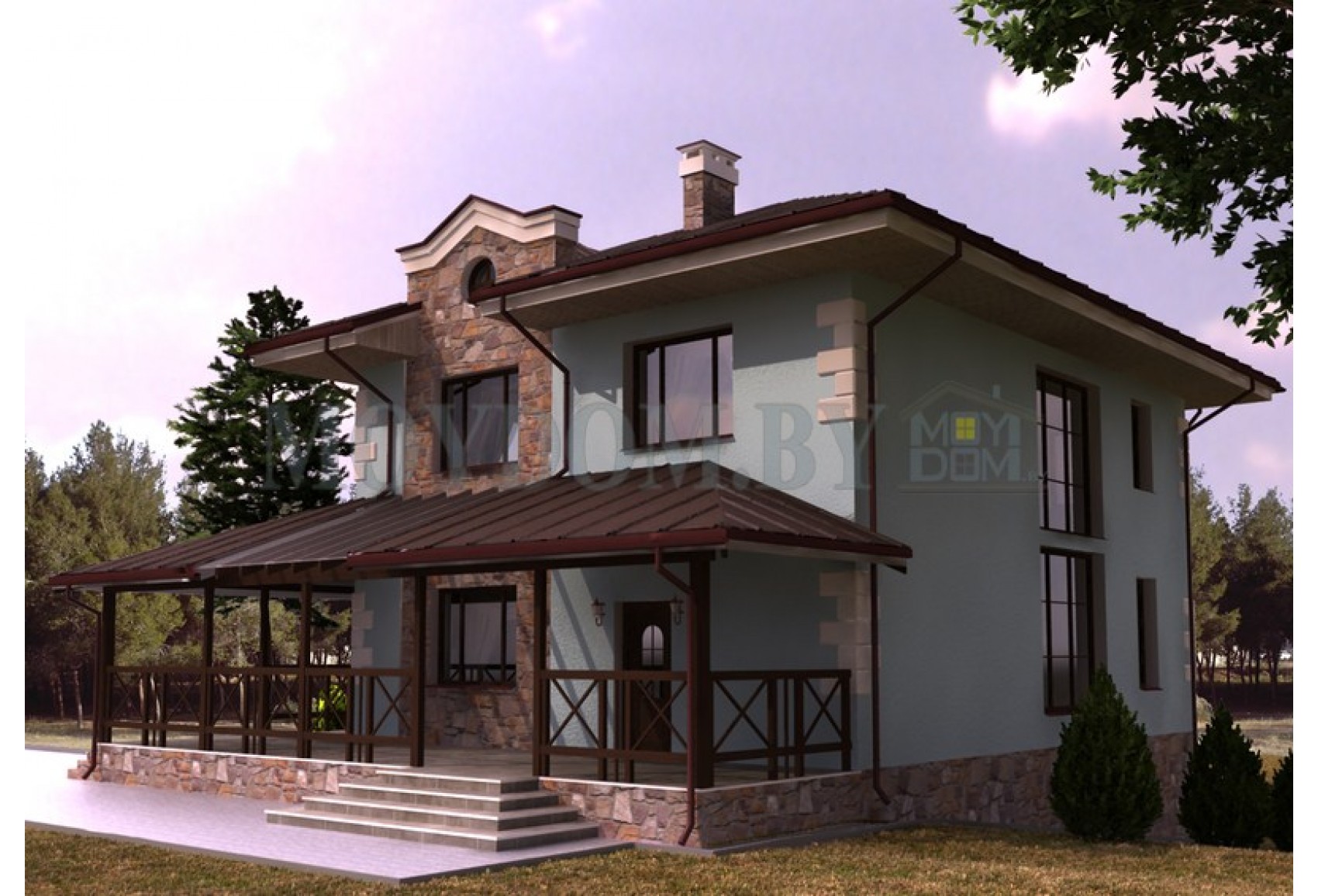 Проект двухэтажного дома с открытой террасой по периметру Проект двухэтажного дома с открытой террасой по периметру