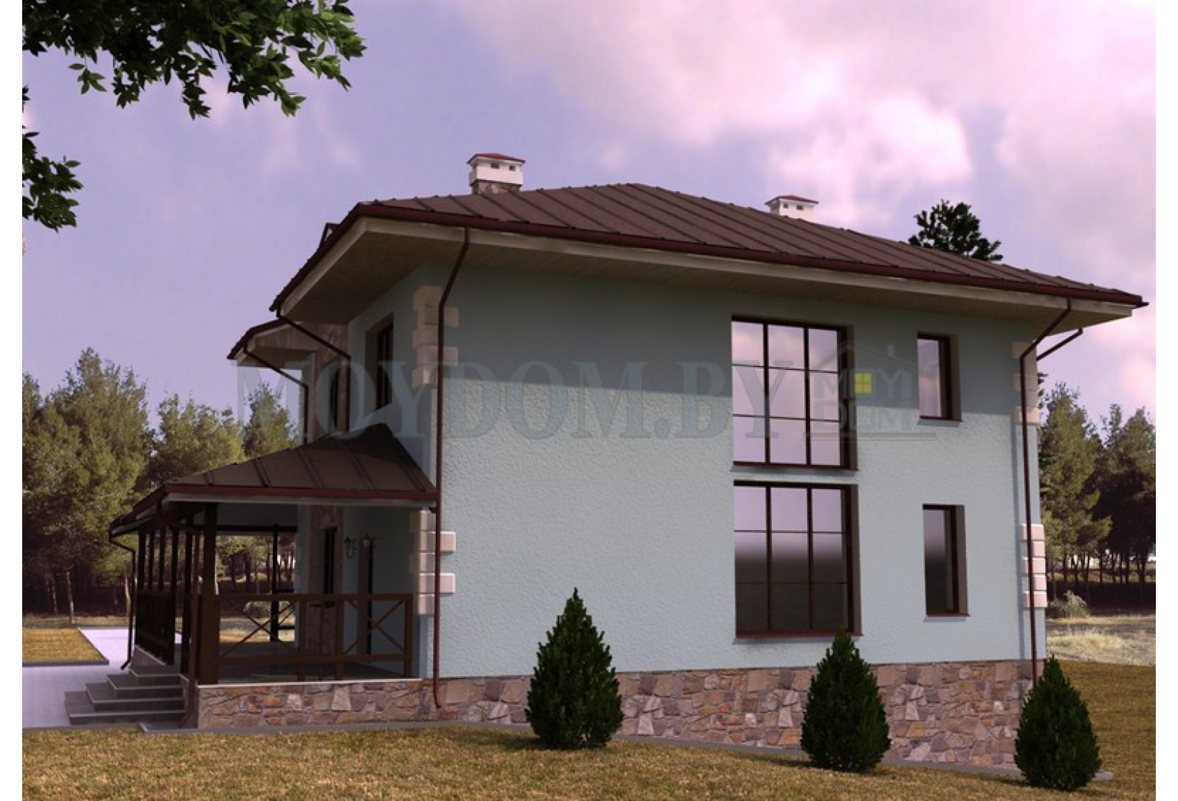 Проект двухэтажного дома с открытой террасой по периметру Проект двухэтажного дома с открытой террасой по периметру