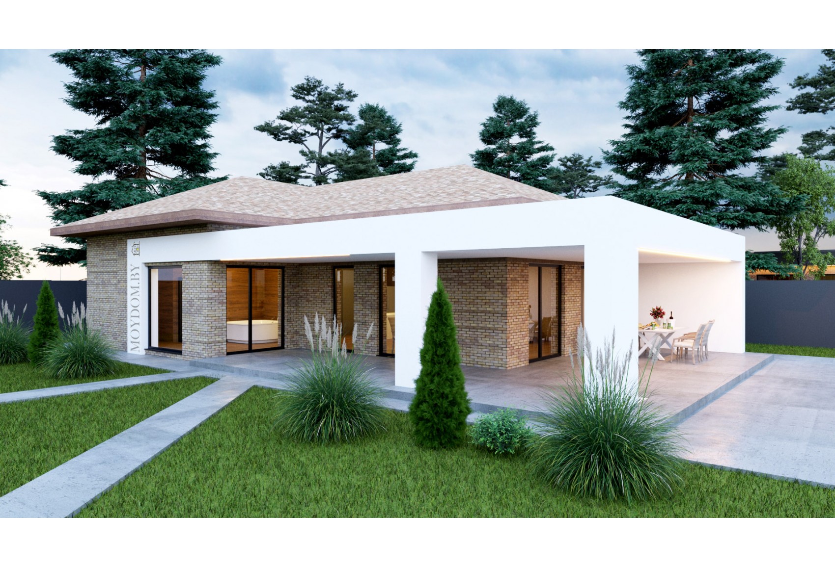 Проект одноэтажной бани с плоской крышей, большой террасой и общей комнатой  Проект одноэтажной бани с плоской крышей, большой террасой и общей комнатой