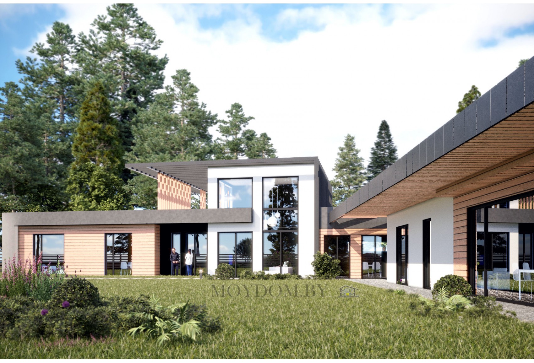 Проект одноэтажного дома в стиле хайтек  со вторым светом, навесом и баней Проект одноэтажного дома в стиле хайтек  со вторым светом, навесом и баней