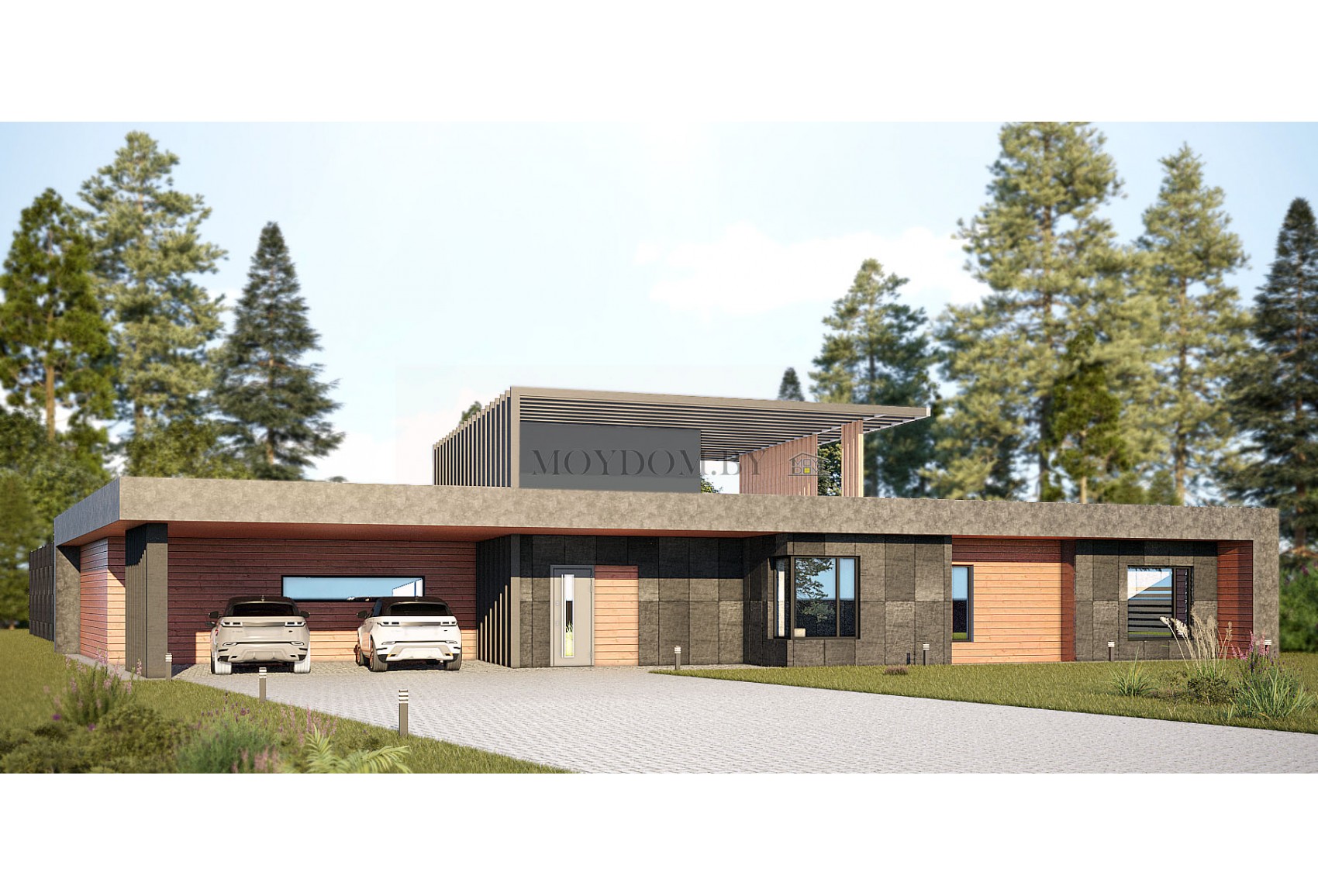 Проект одноэтажного дома в стиле хайтек  со вторым светом, навесом и баней Проект одноэтажного дома в стиле хайтек  со вторым светом, навесом и баней