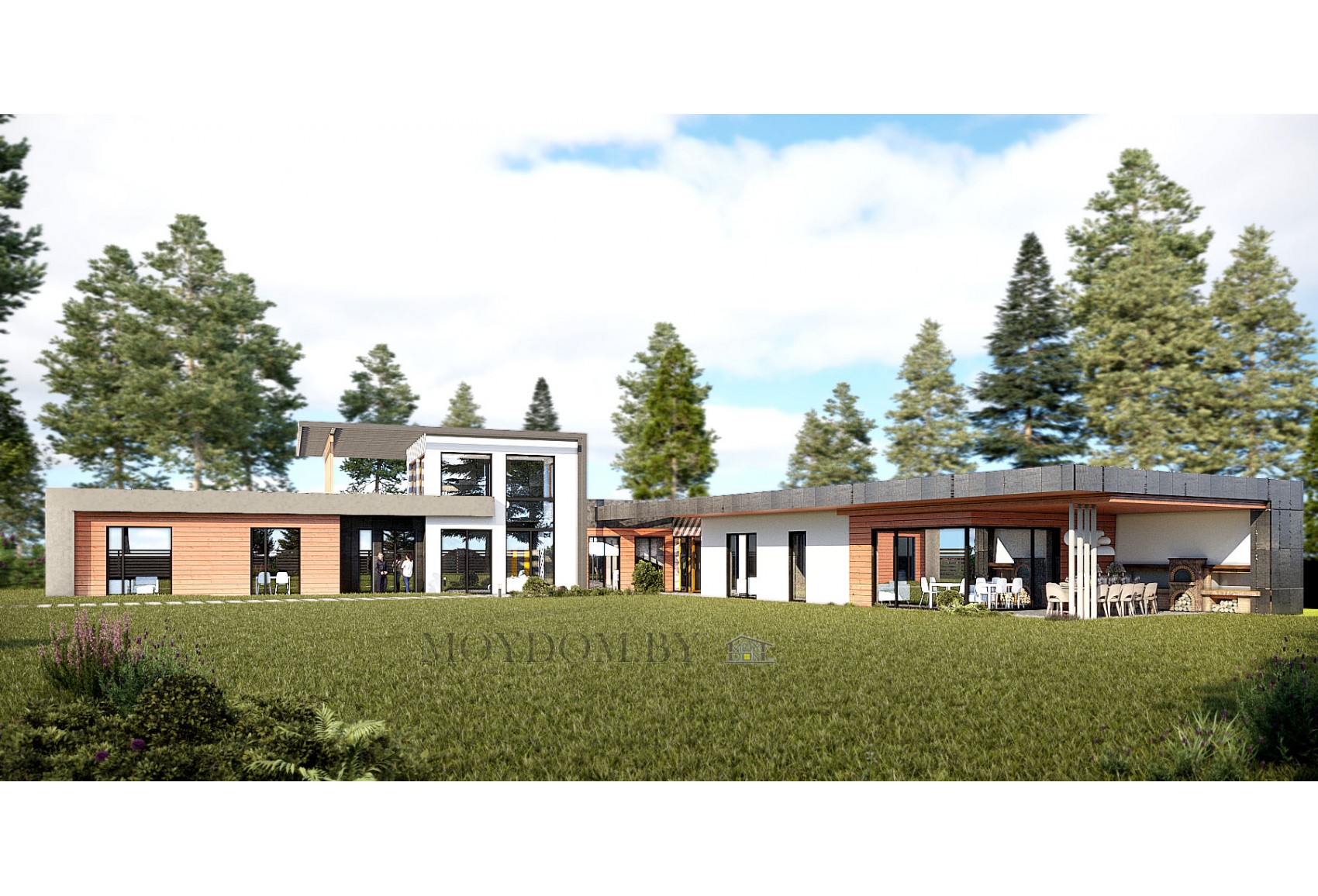 Проект одноэтажного дома в стиле хайтек  со вторым светом, навесом и баней Проект одноэтажного дома в стиле хайтек  со вторым светом, навесом и баней