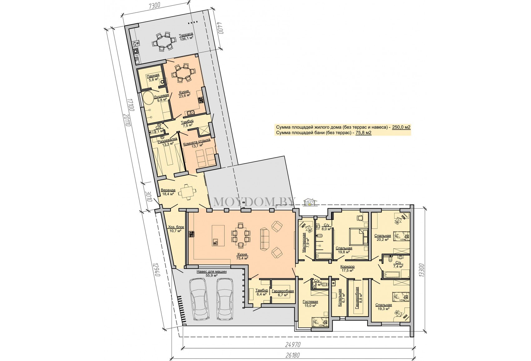 Проект одноэтажного дома в стиле хайтек  со вторым светом, навесом и баней Проект одноэтажного дома в стиле хайтек  со вторым светом, навесом и баней