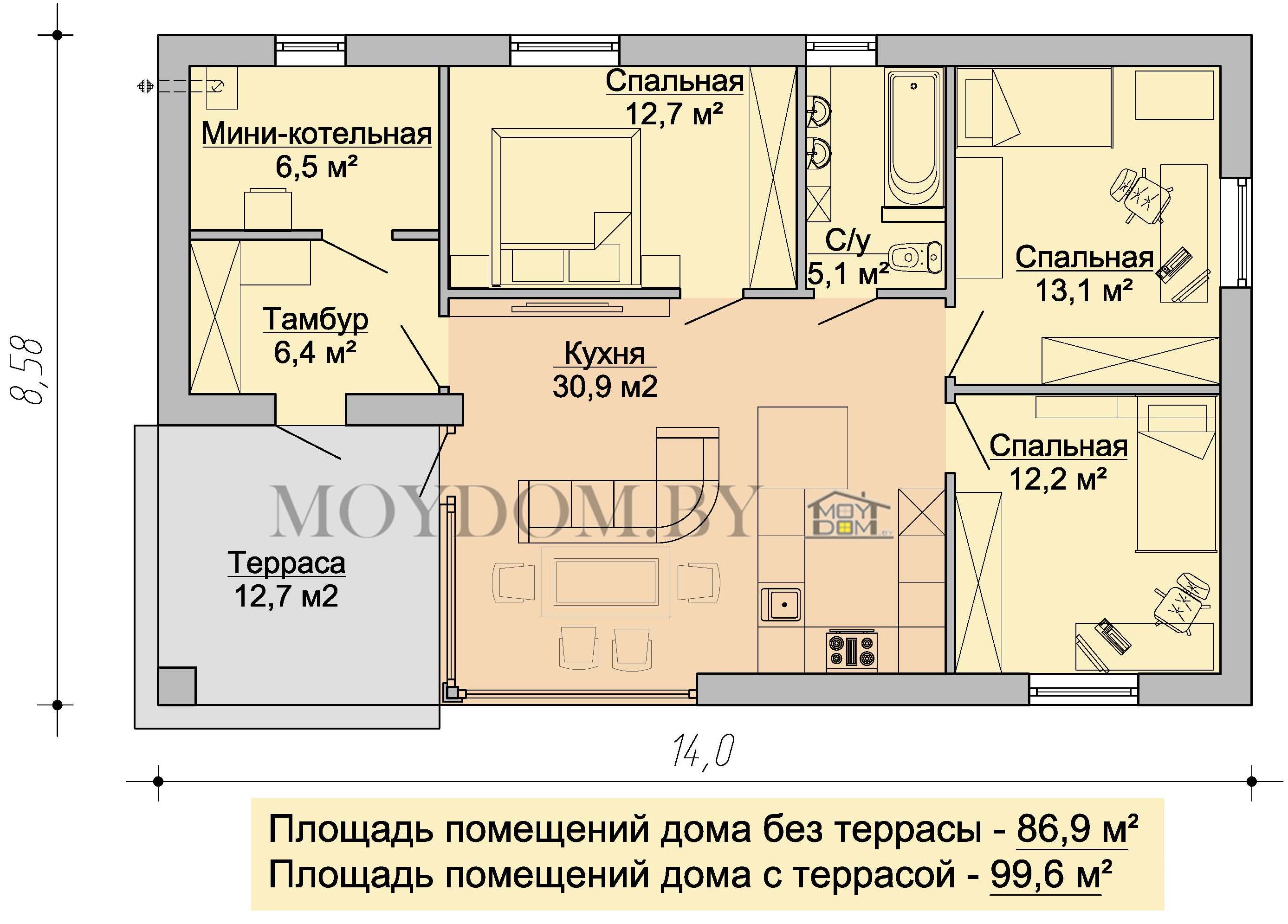 план дома 100 мкв с плоской крышей