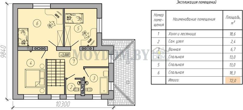 план второго этажа двухэтажного дома 10 на 10 три комнаты