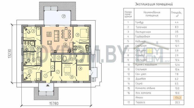 план одноэтажного дома 15 на 17 с сауной и комнатой отдыха