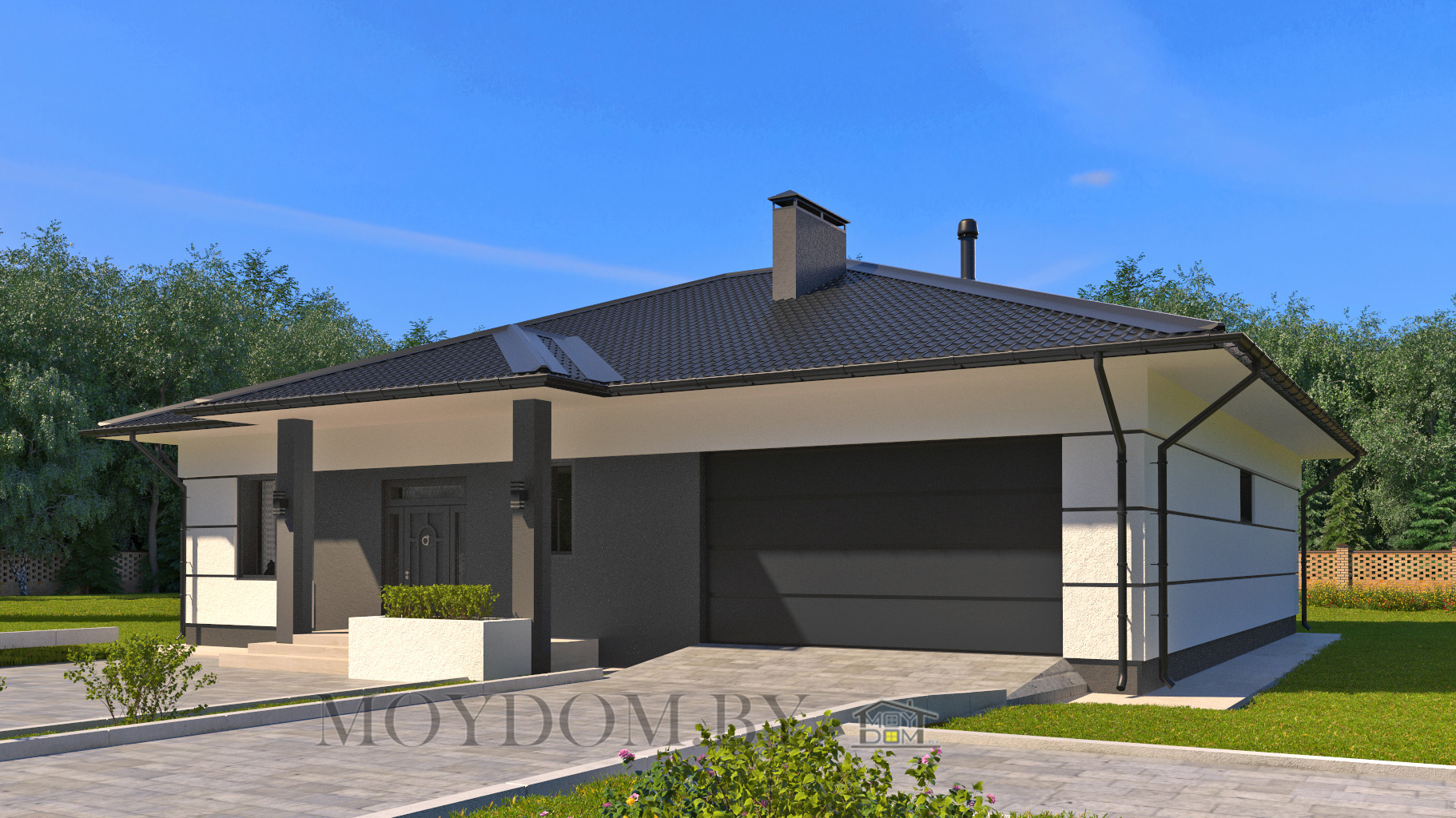 project of a one-story house with a garage for two cars