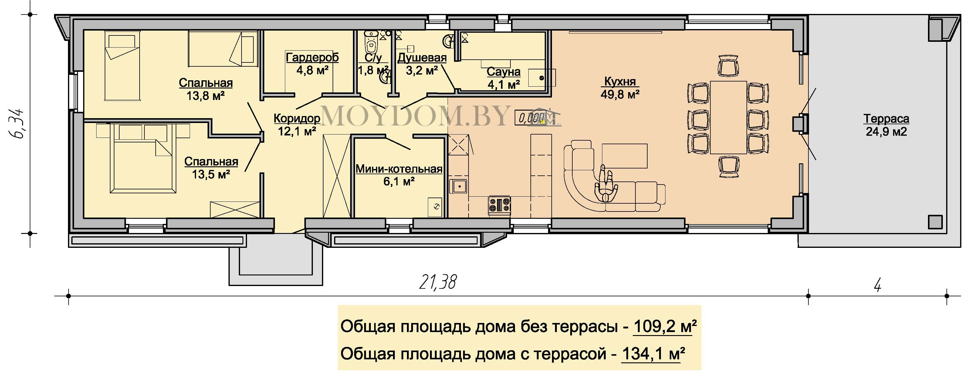 план современного одноэтажного дома 100 мкв с плоской крышей