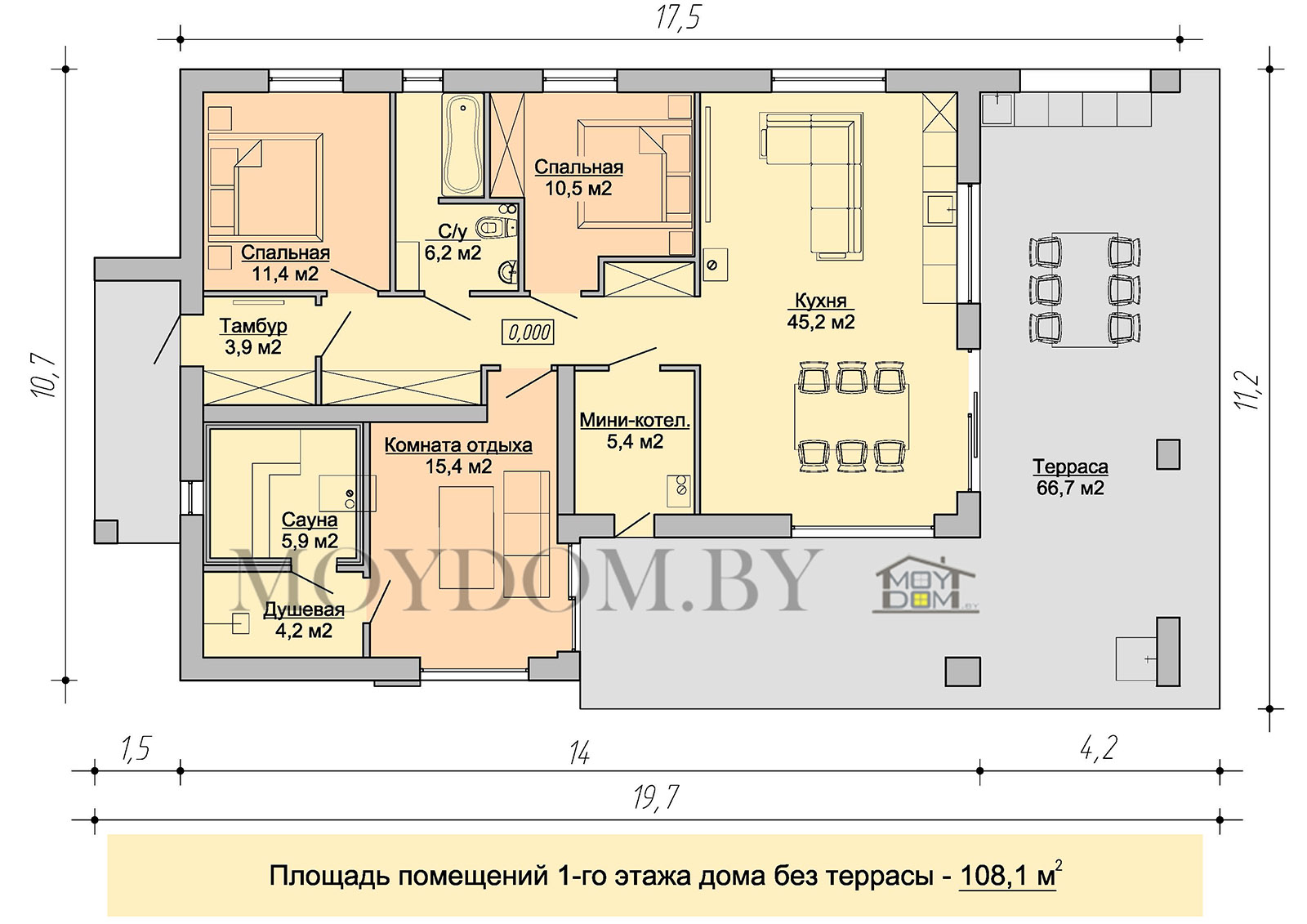 план дома 10 на 17 для узкого участка с плоской крышей и баней