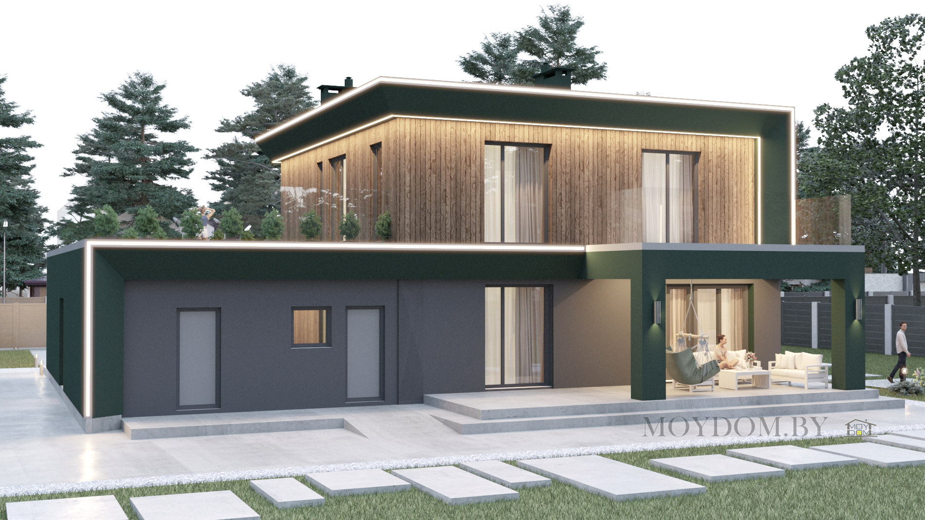 проект 1311 современного двухэтажного дома с навесом и 4 спальнями
