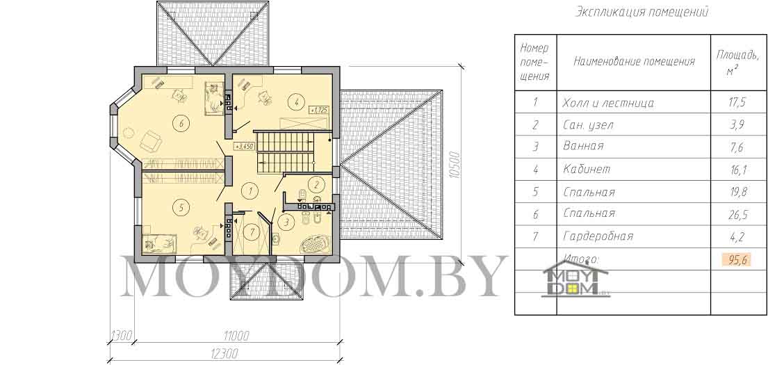план второго этажа двухэтажного дома 11 на 11 с террасой