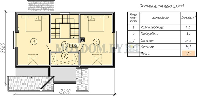 план мансардного этажа 9 на 12 с двумя большими комнатами