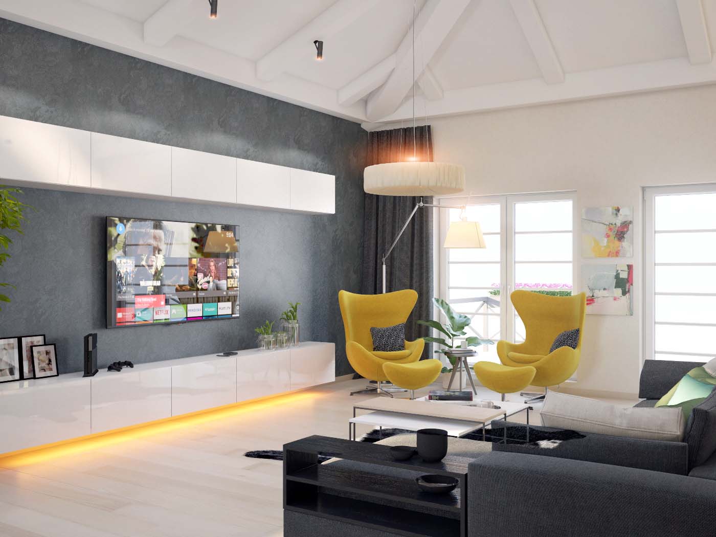 фото соременного интерьера дома с двухсветным пространством кухни и гостиной проекта 243-A1+