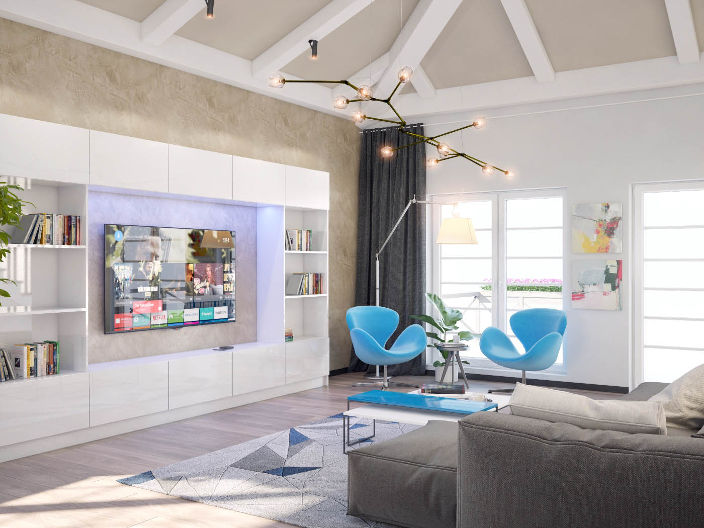 фото стильного интерьера дома с двухсветным пространством кухни и гостиной проекта 243-D1+