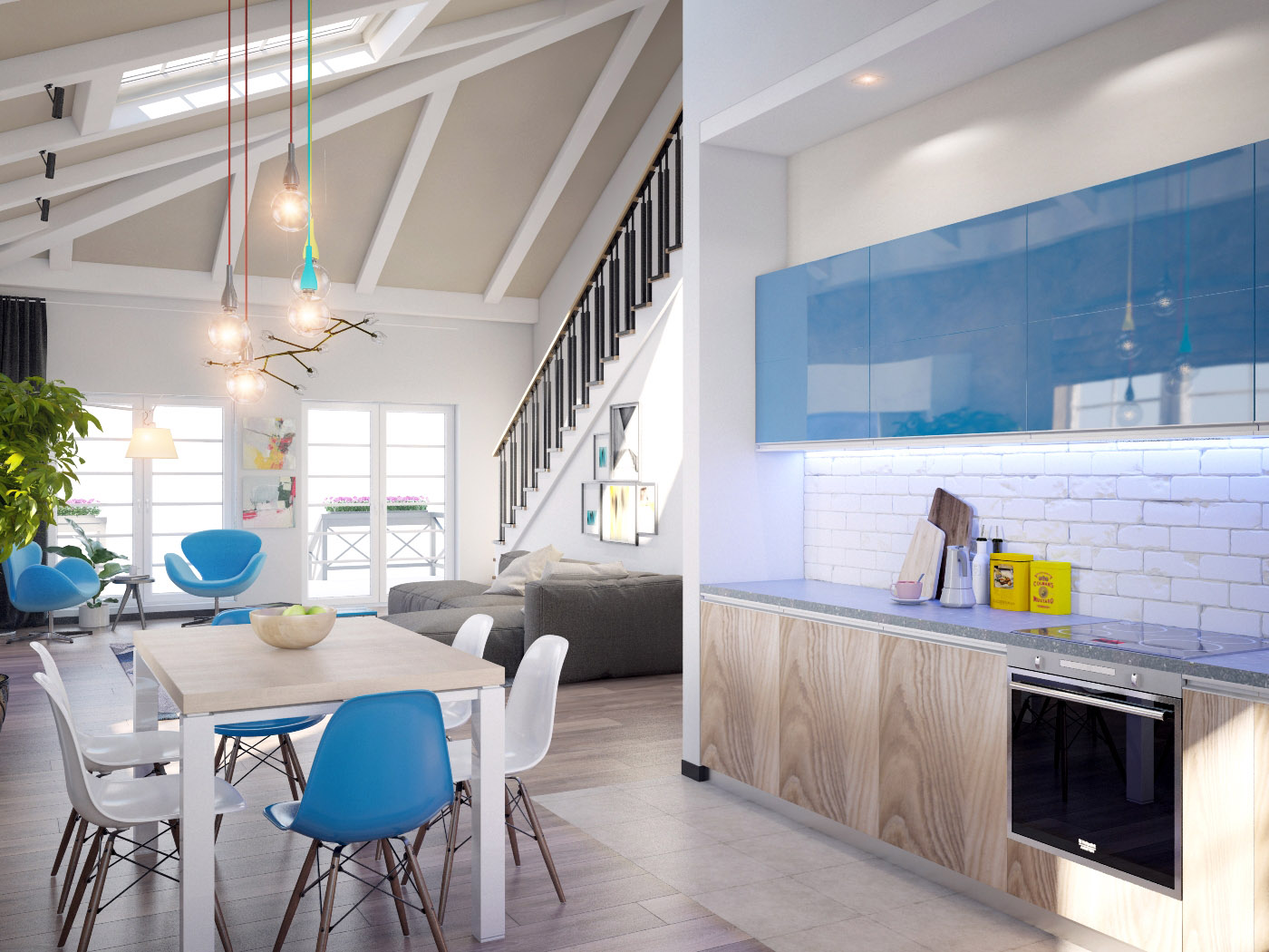 фото соременного интерьера дома с двухсветным пространством вид со стороны кухни