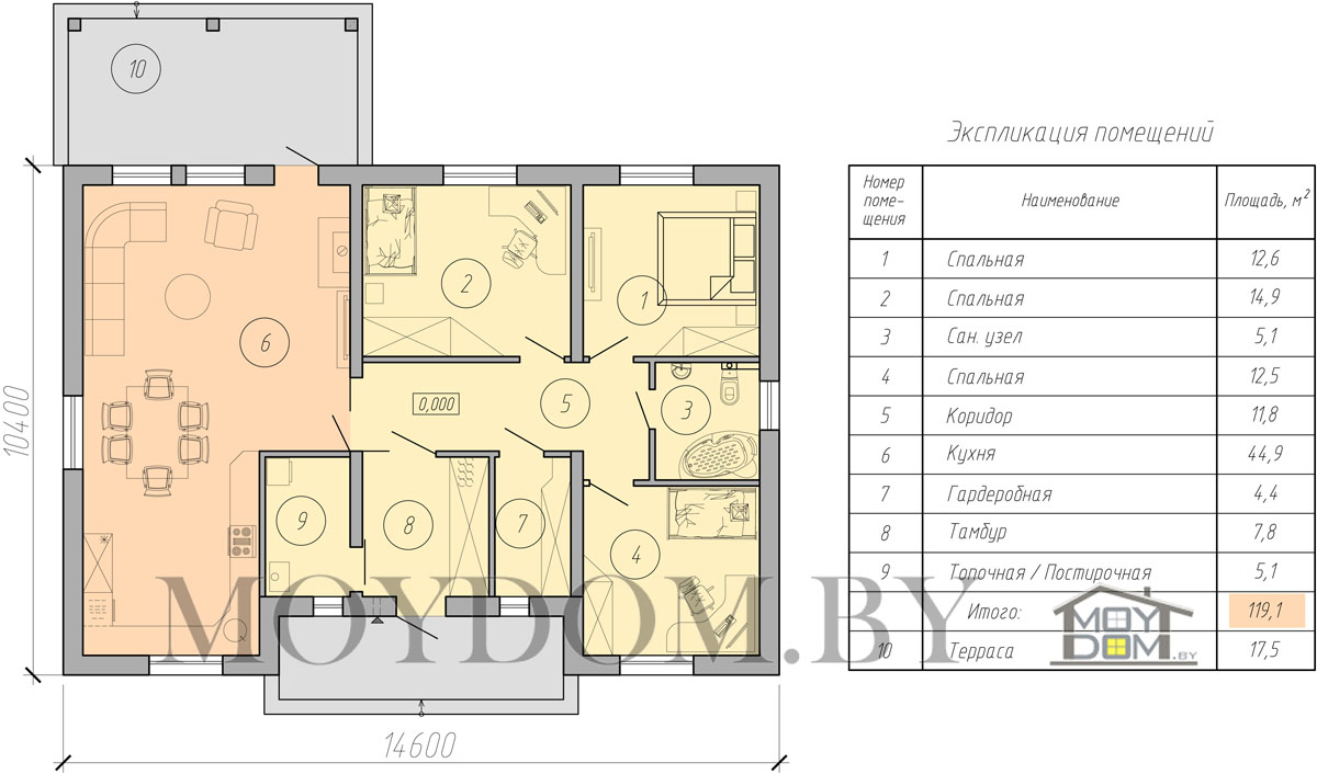 план одноэтажного дома с 3 спальнями