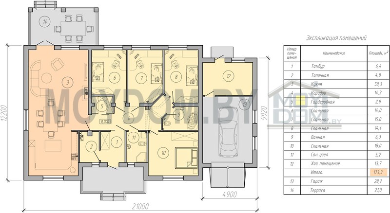 план одноэтажного дома с гаражом и техпомещением
