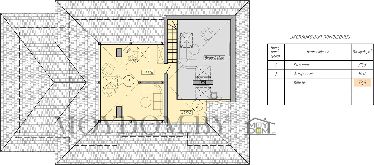 план мансардного этажа дома с 3 спальнями и кабинетом