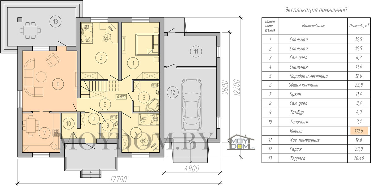 план одноэтажного дома 17 на 12 с террасой и гаражом 
