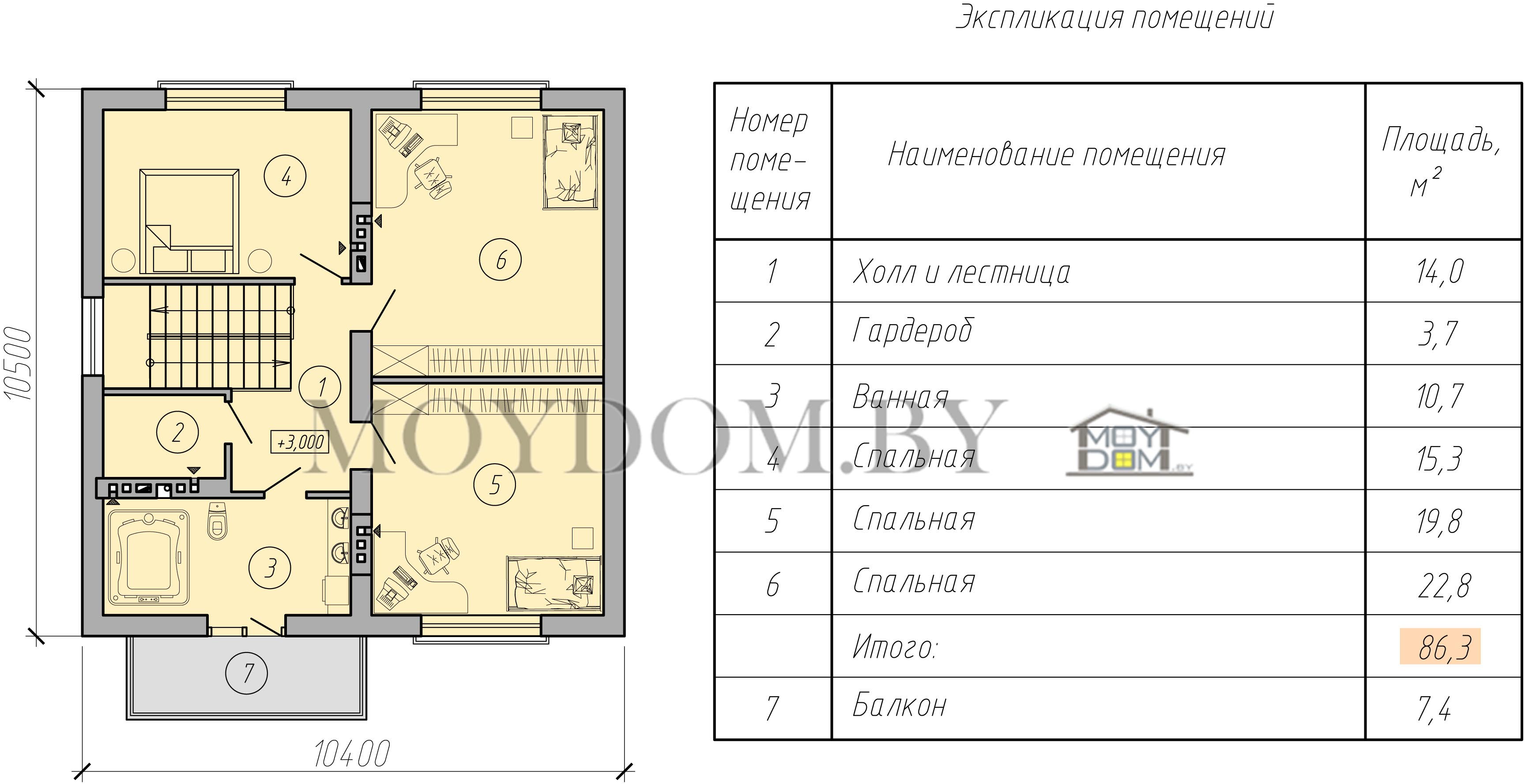 план мансардного этажа с 3 спальнями