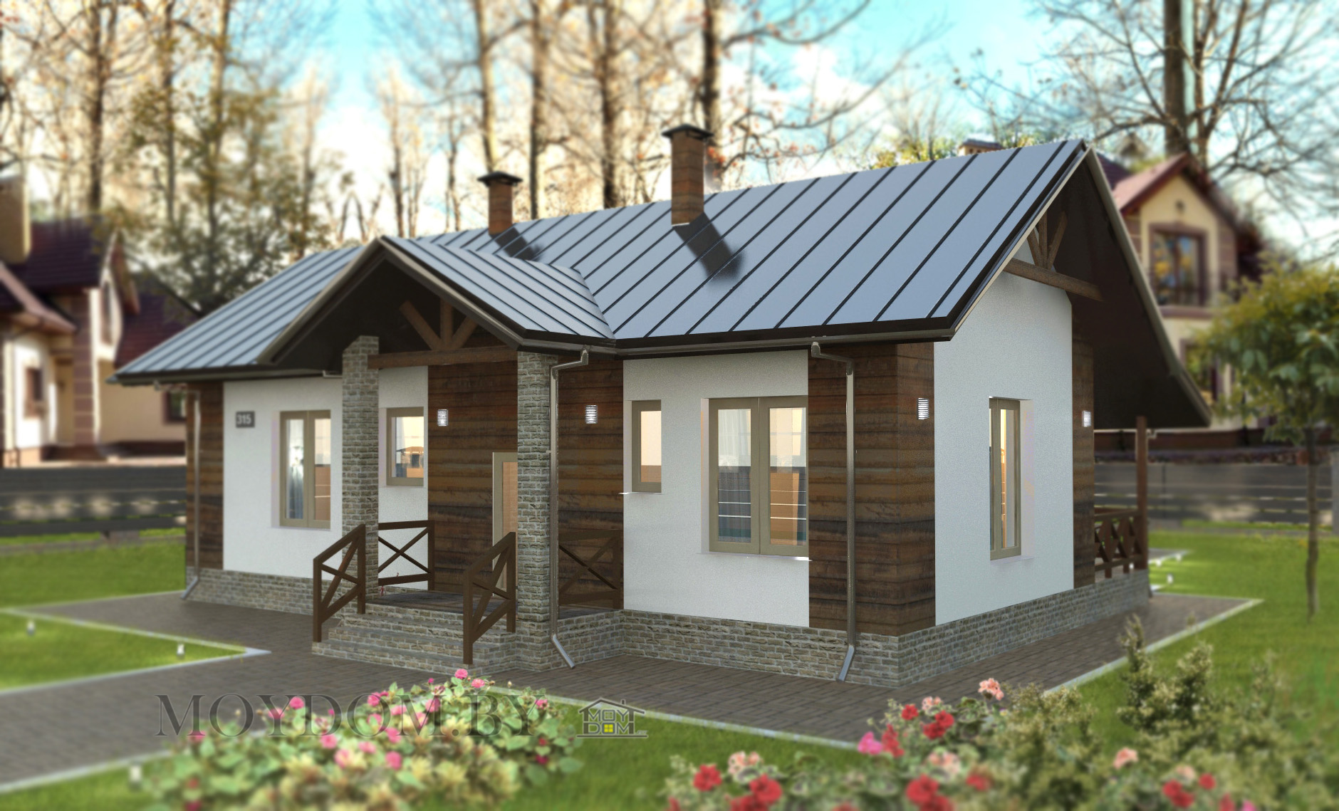 проект сельского дома с двухскатной крышей
