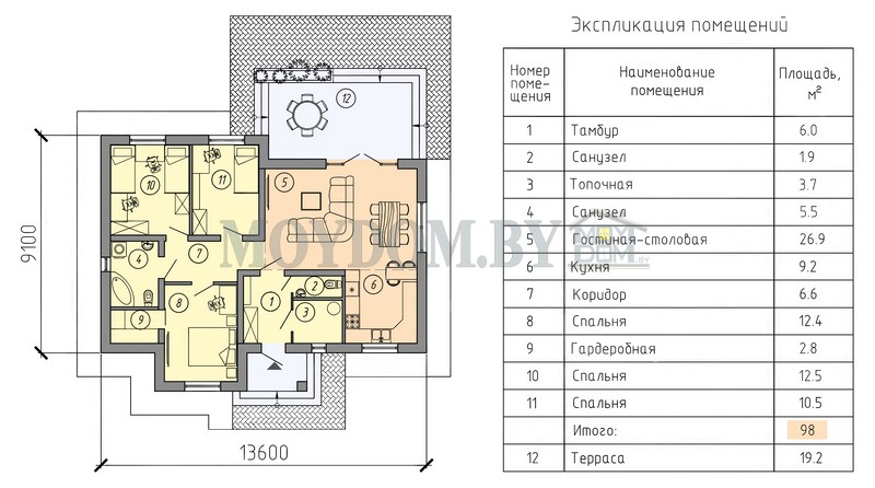 план одноэтажного дома с террасой