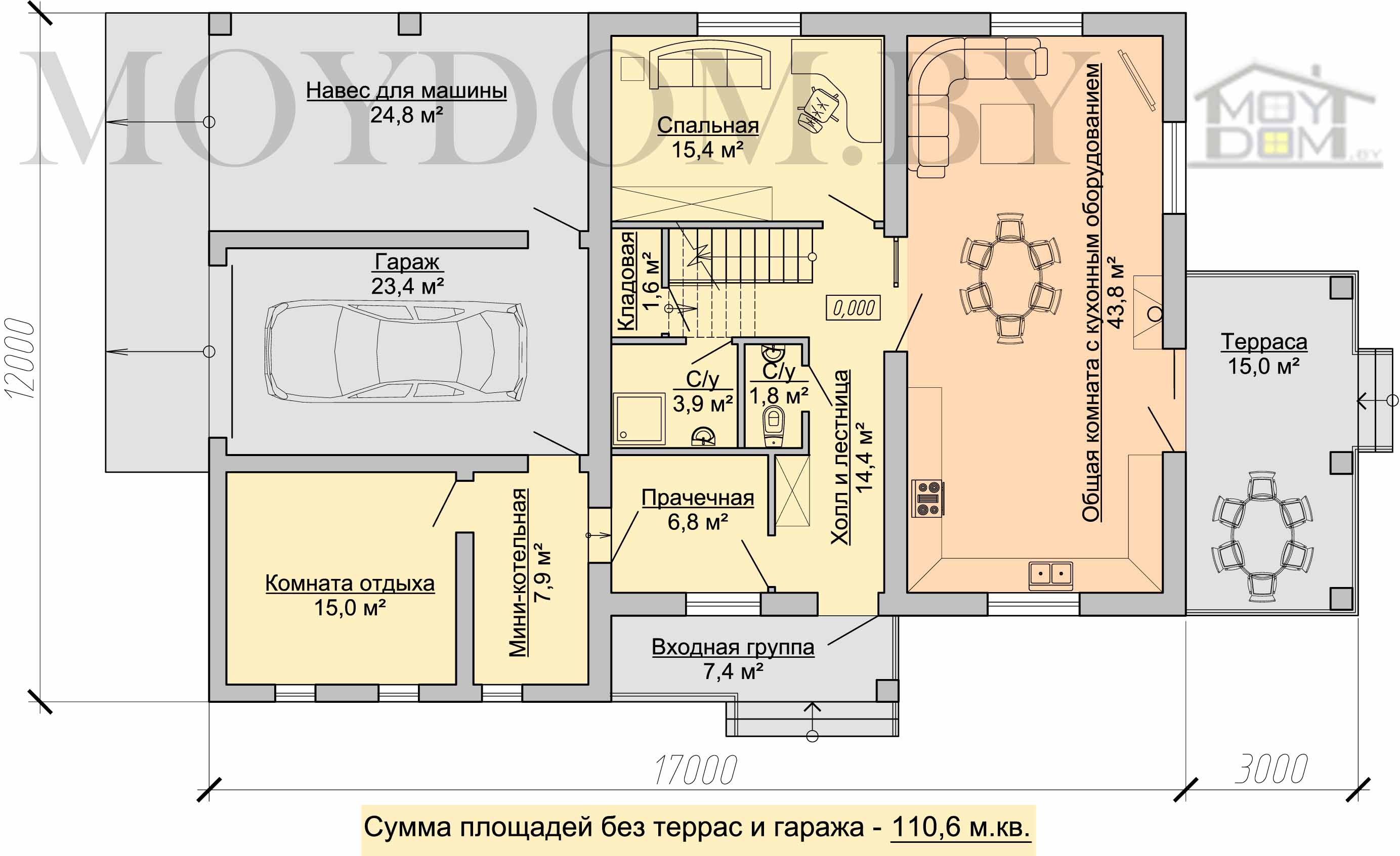 план первого этажа дома с гаражом и навесом для машины
