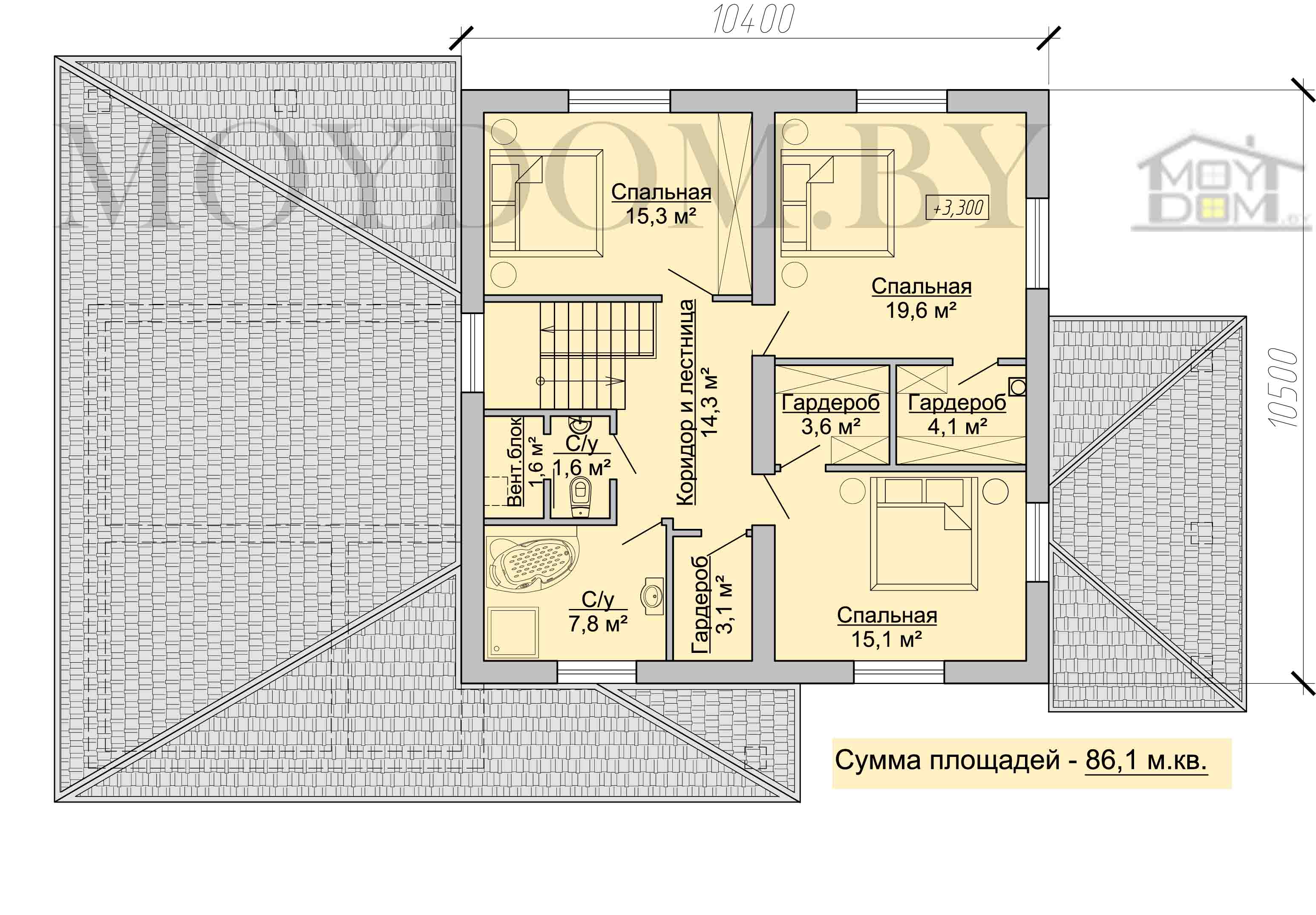 план второго этажа дома с 3 спальнями и большой ванной