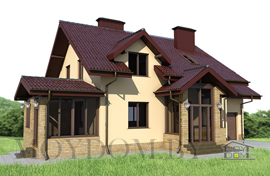 проект двухэтажного стильного дома с двускатной крышей