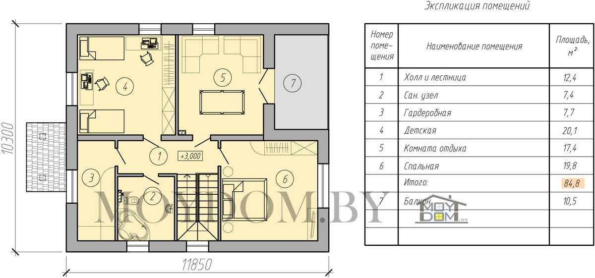 план мансардного этажа дома с двускатной кровлей
