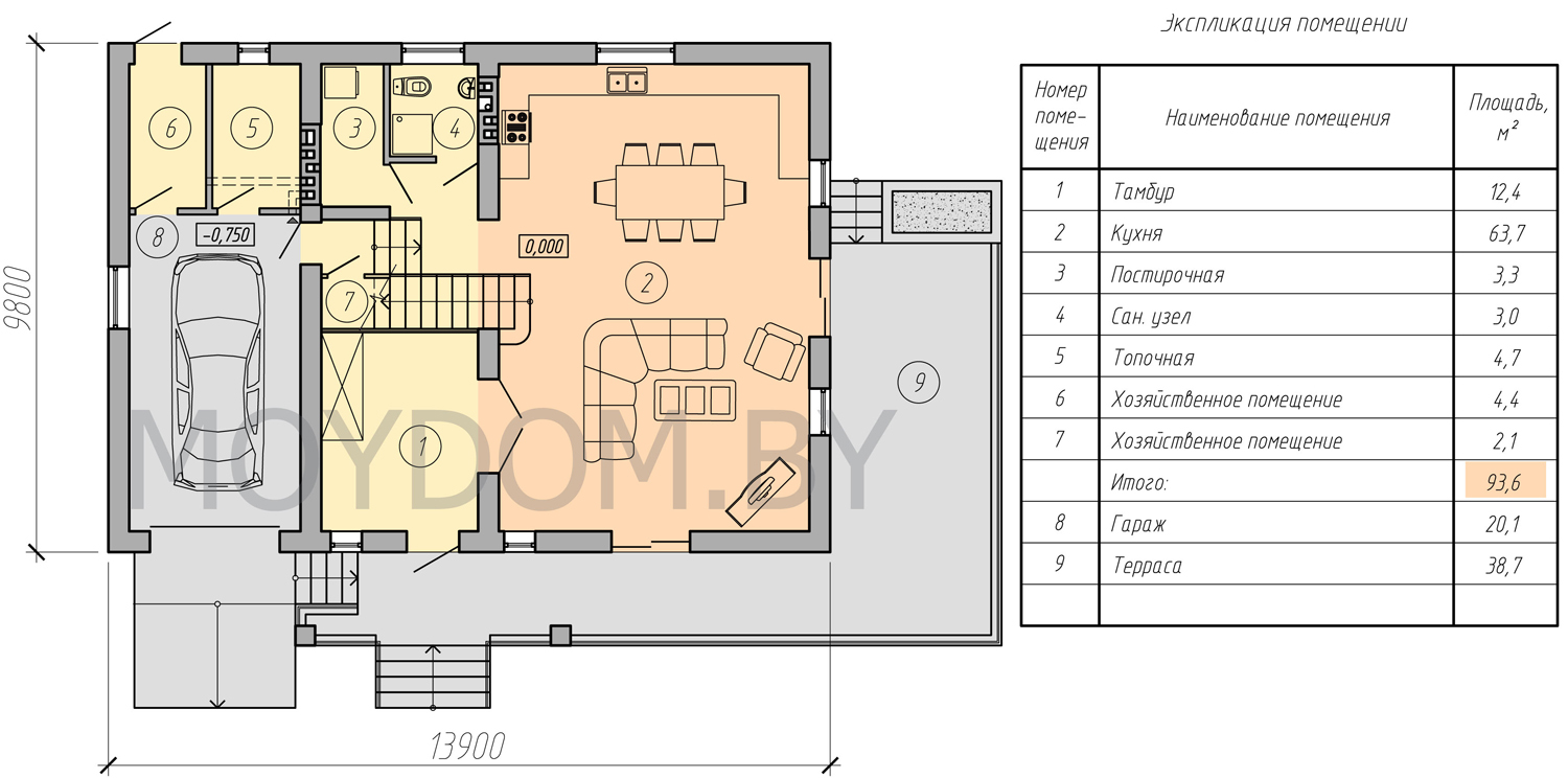 план первого этажа двухэтажного дома с гаражом