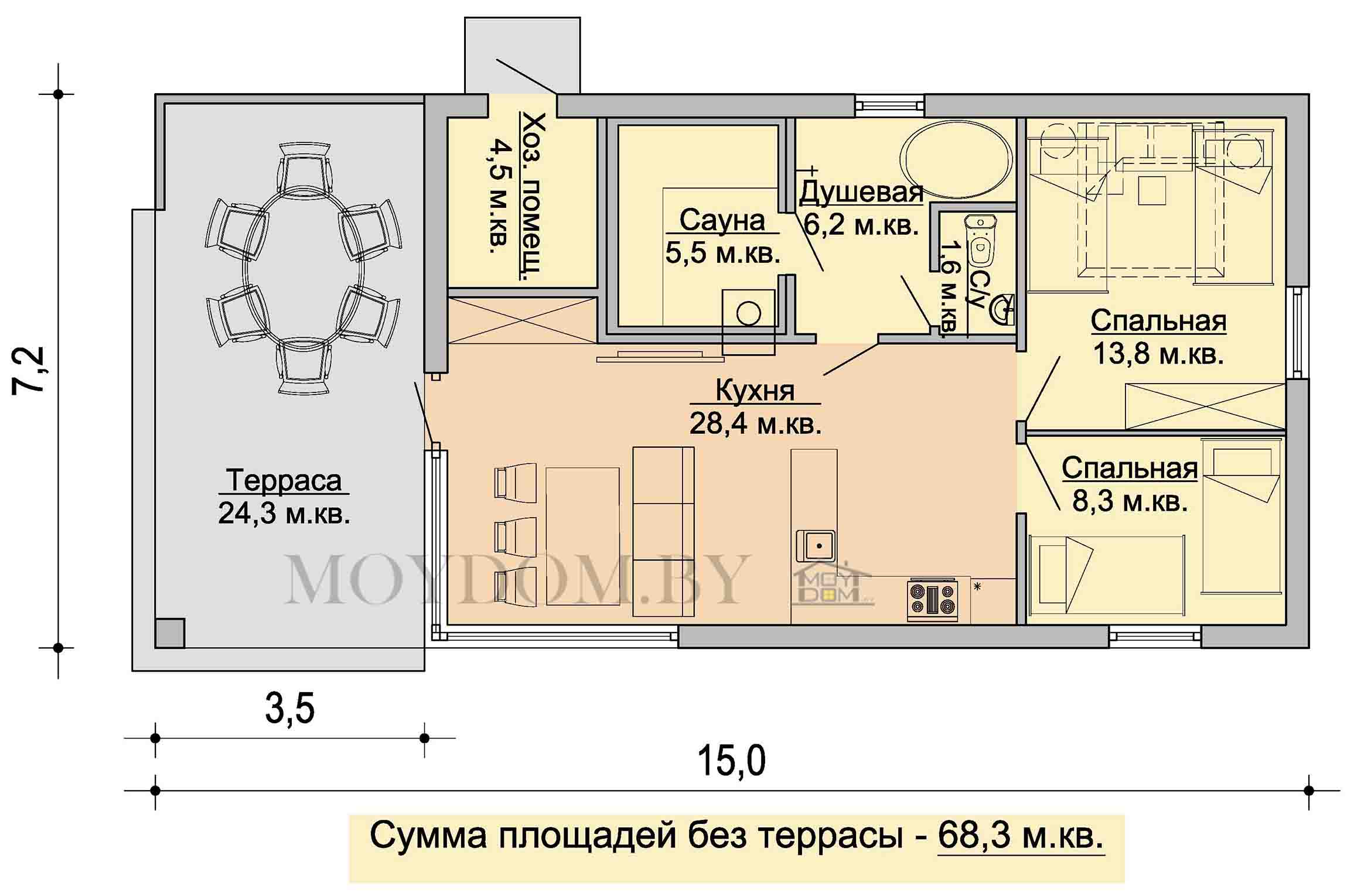 план маленького дома с кухней, баней и двумя комнатами