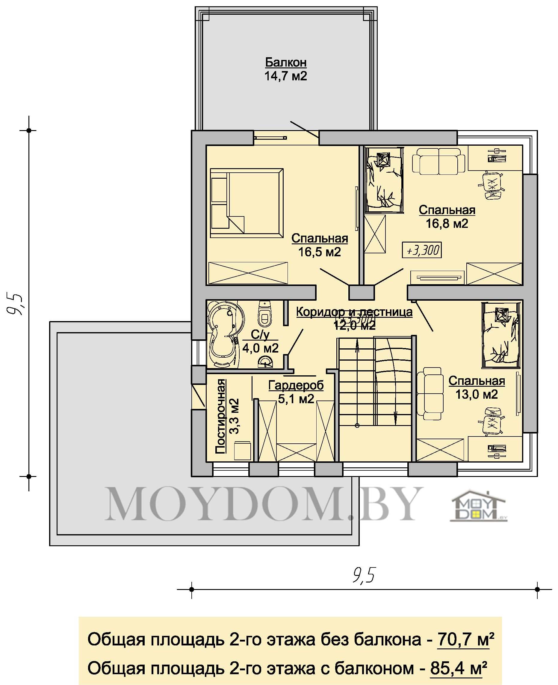 план двухэтажного дома с плоской кровлей второй этаж