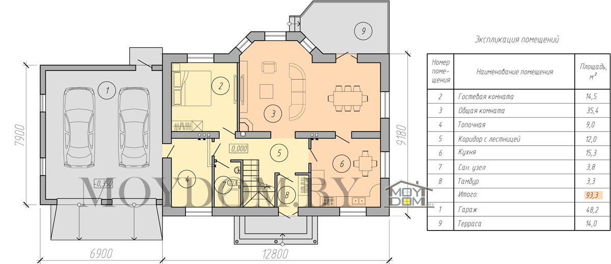 план первого этажа мансардного дома с гаражом