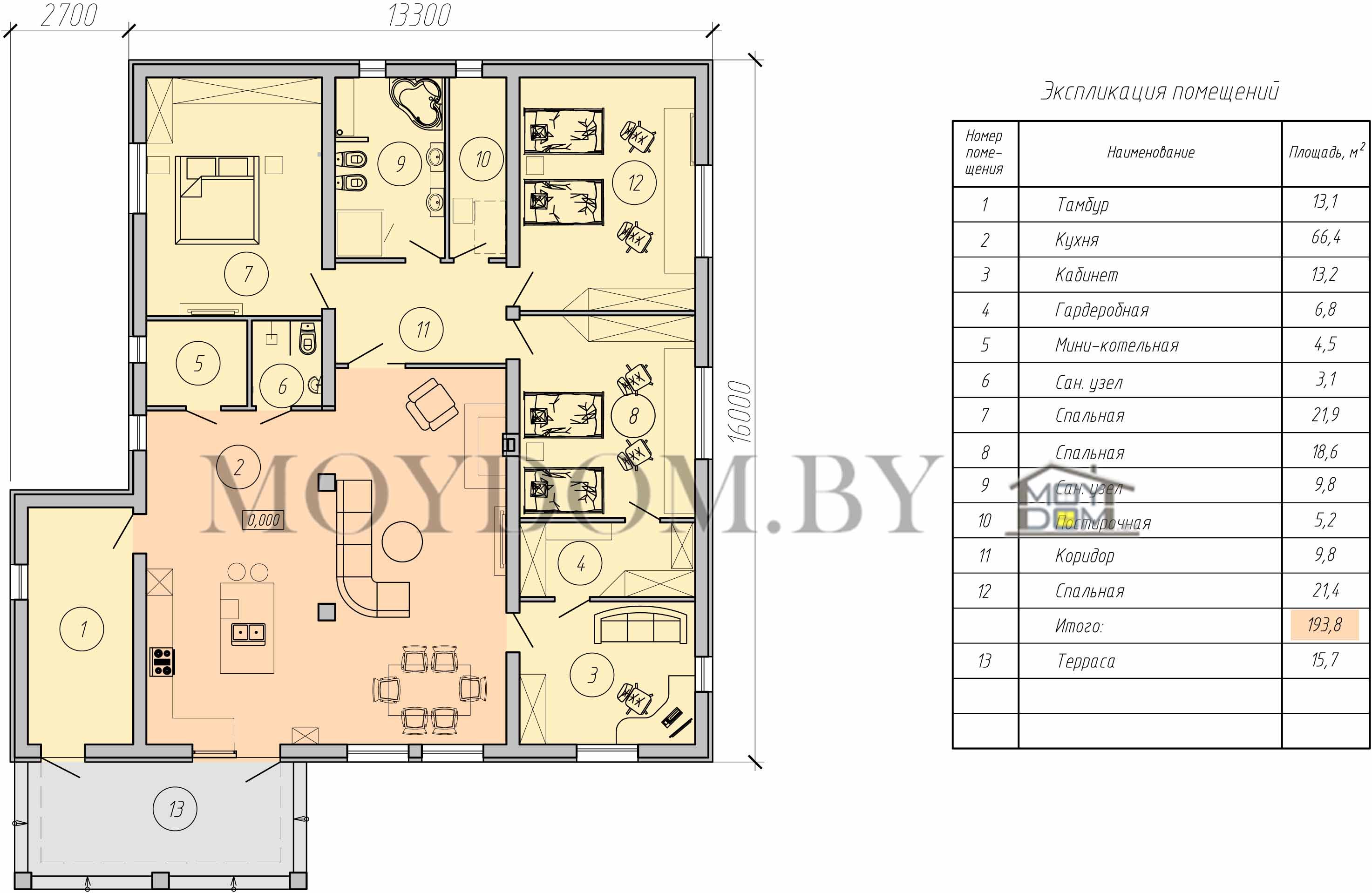 план прямоугольного одноэтажного дома с кабинетом
