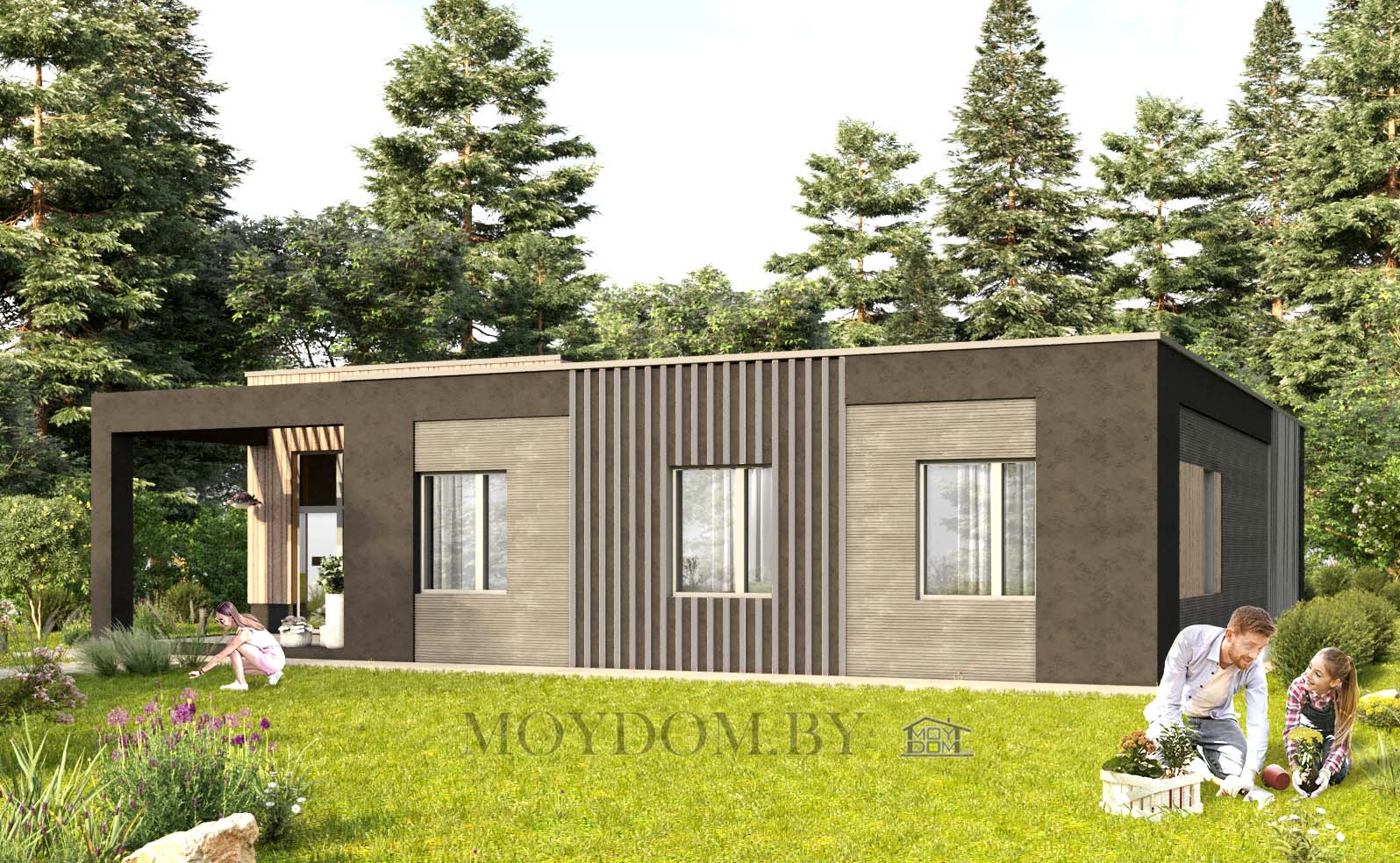проект современного одноэтажного дома для семьи из четырёх человек
