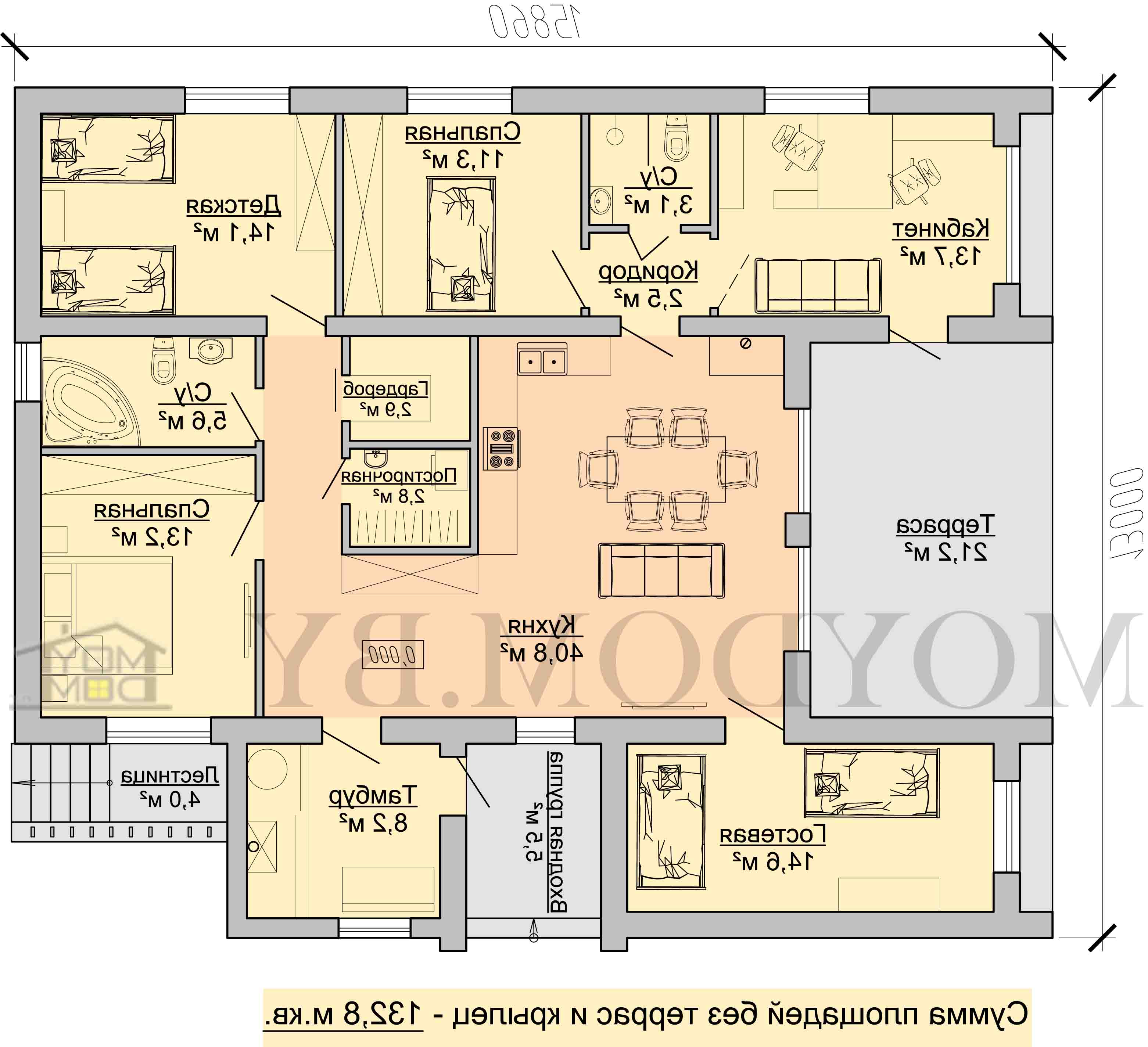 план одноэтажного дома барнхаус с террасой