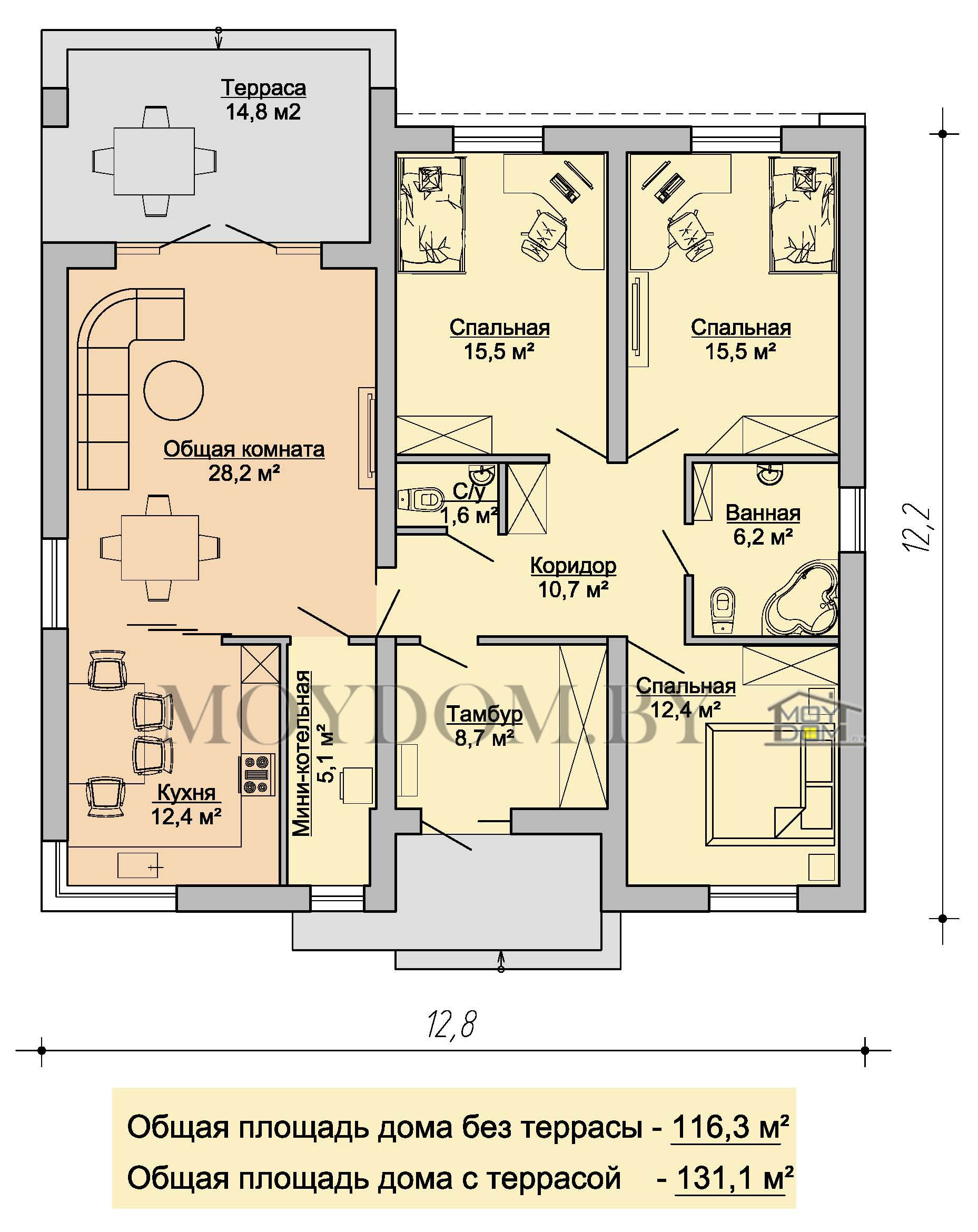 план одноэтажного дома 898 с плоской кровлей
