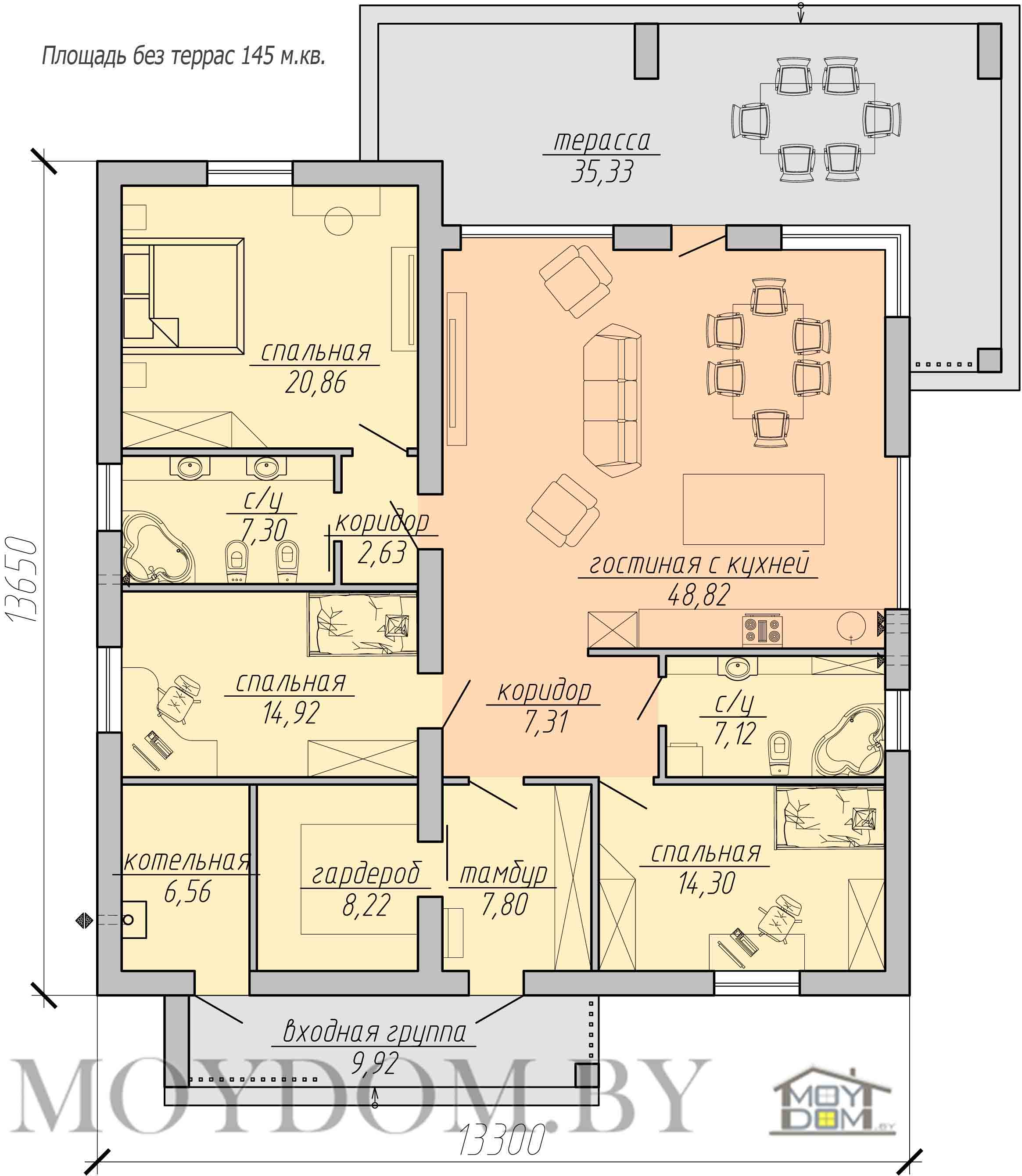 план этажа одноэтажного дома 13 на 13