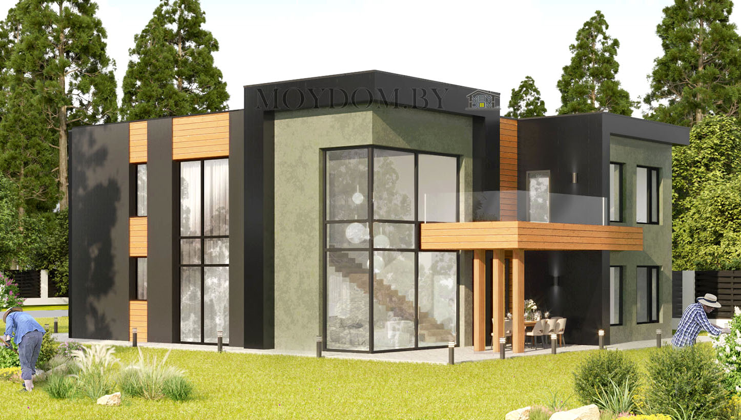 проект двухэтажного стильного дома с панорамными окнами