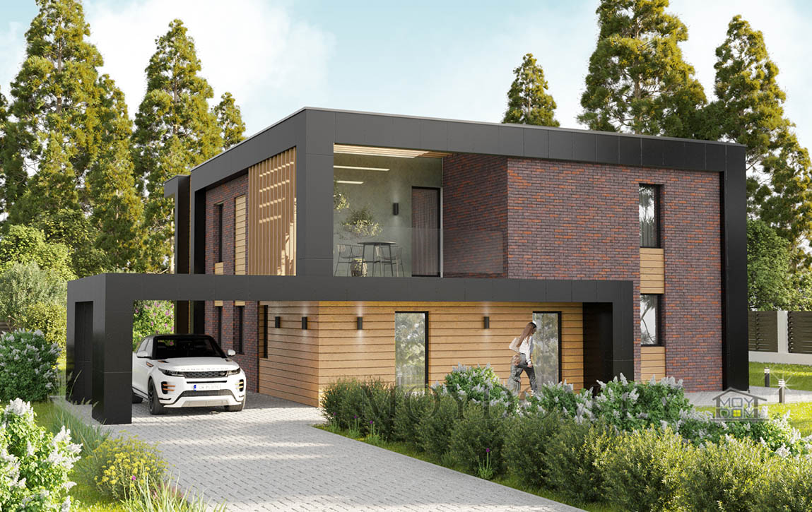 проект двухэтажного стильного дома с плоской крышей