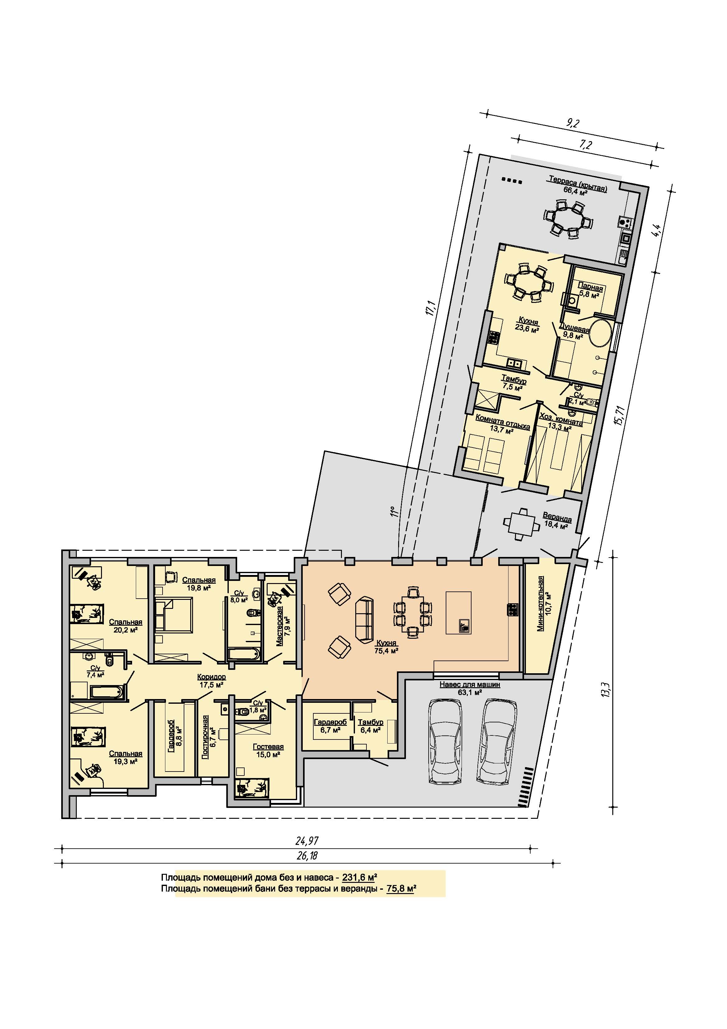 план одноэтажного дома 20 на 20 с навесом и баней 909