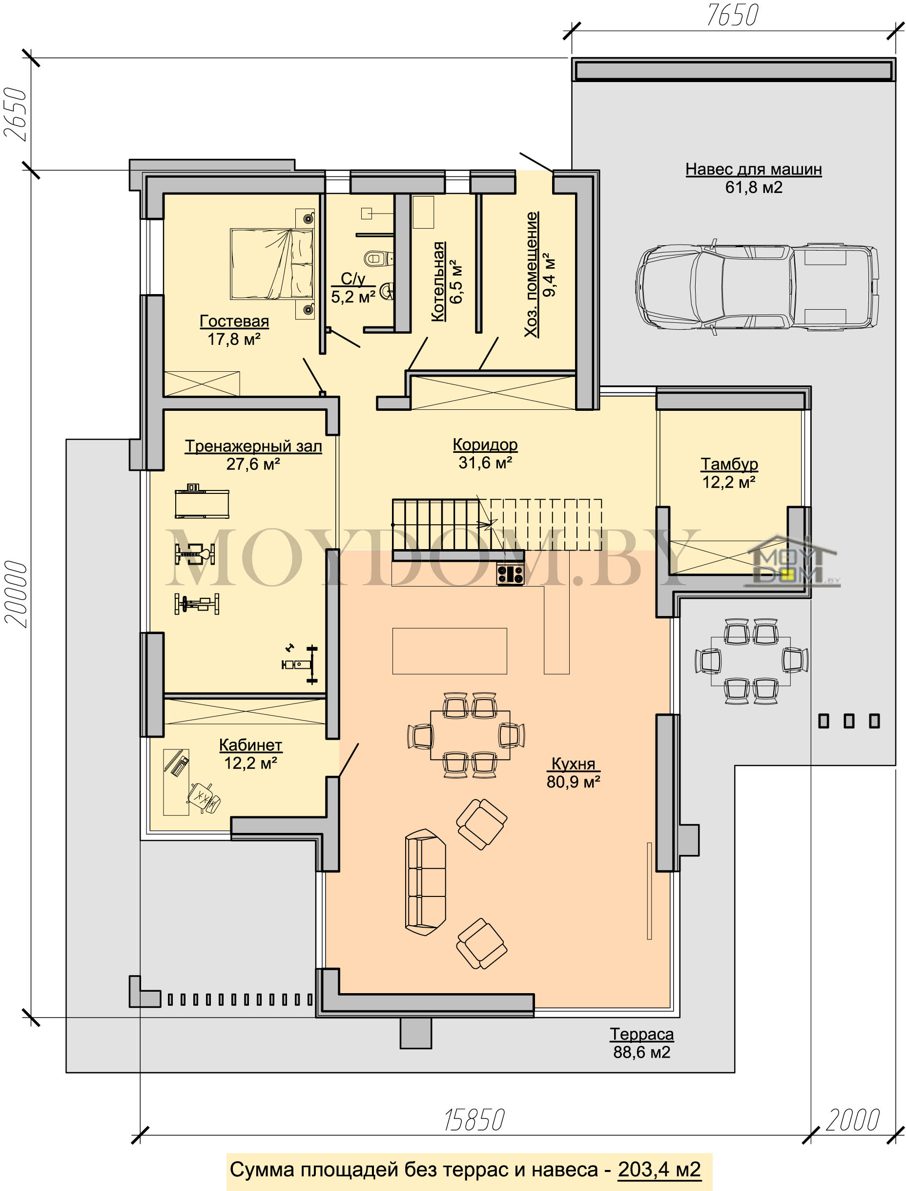 план современного дома 16 на 20 с огромной гостиной, тренажёрным залом