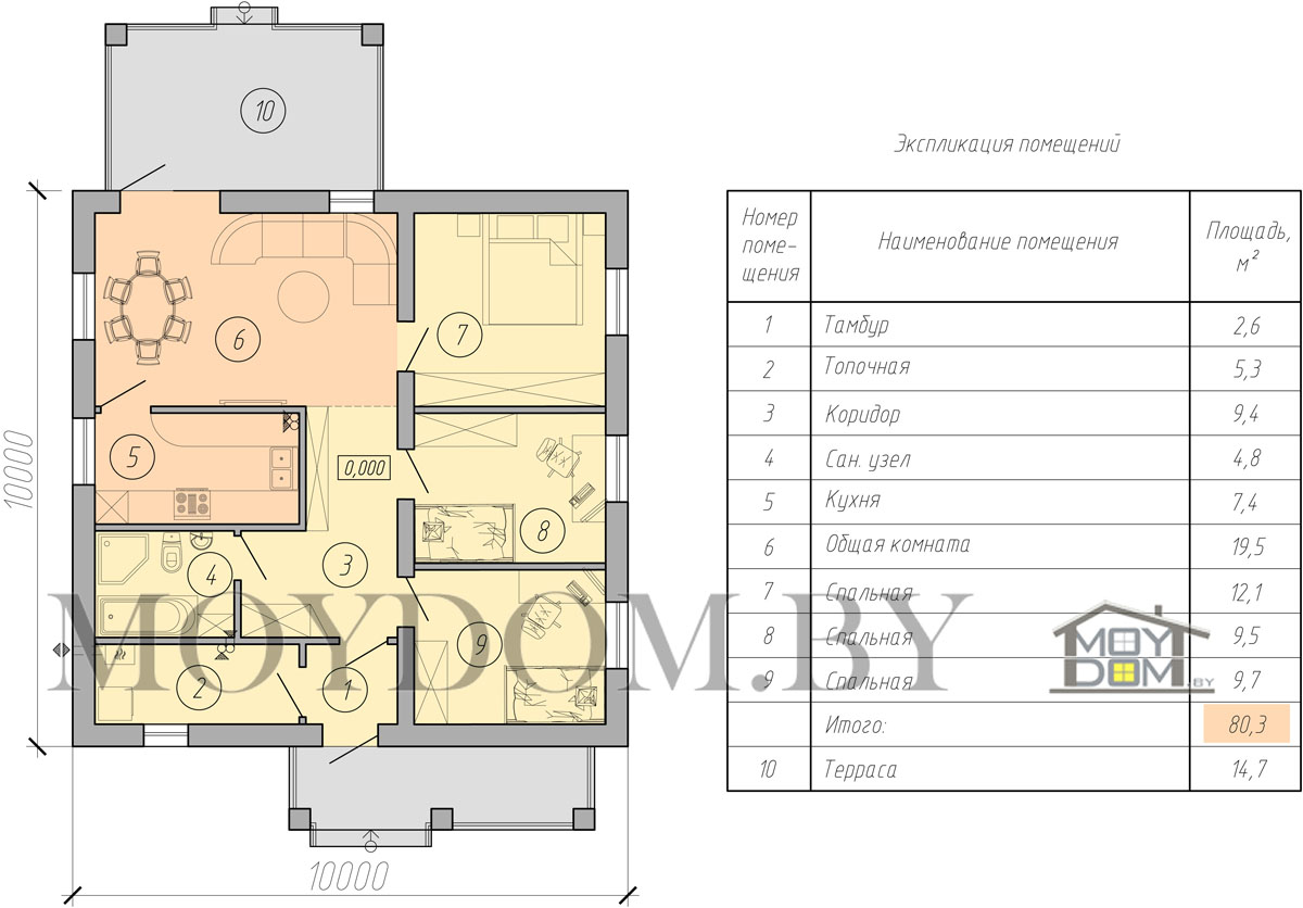 план 10 на 10 одноэтажного дома с 3 спальнями