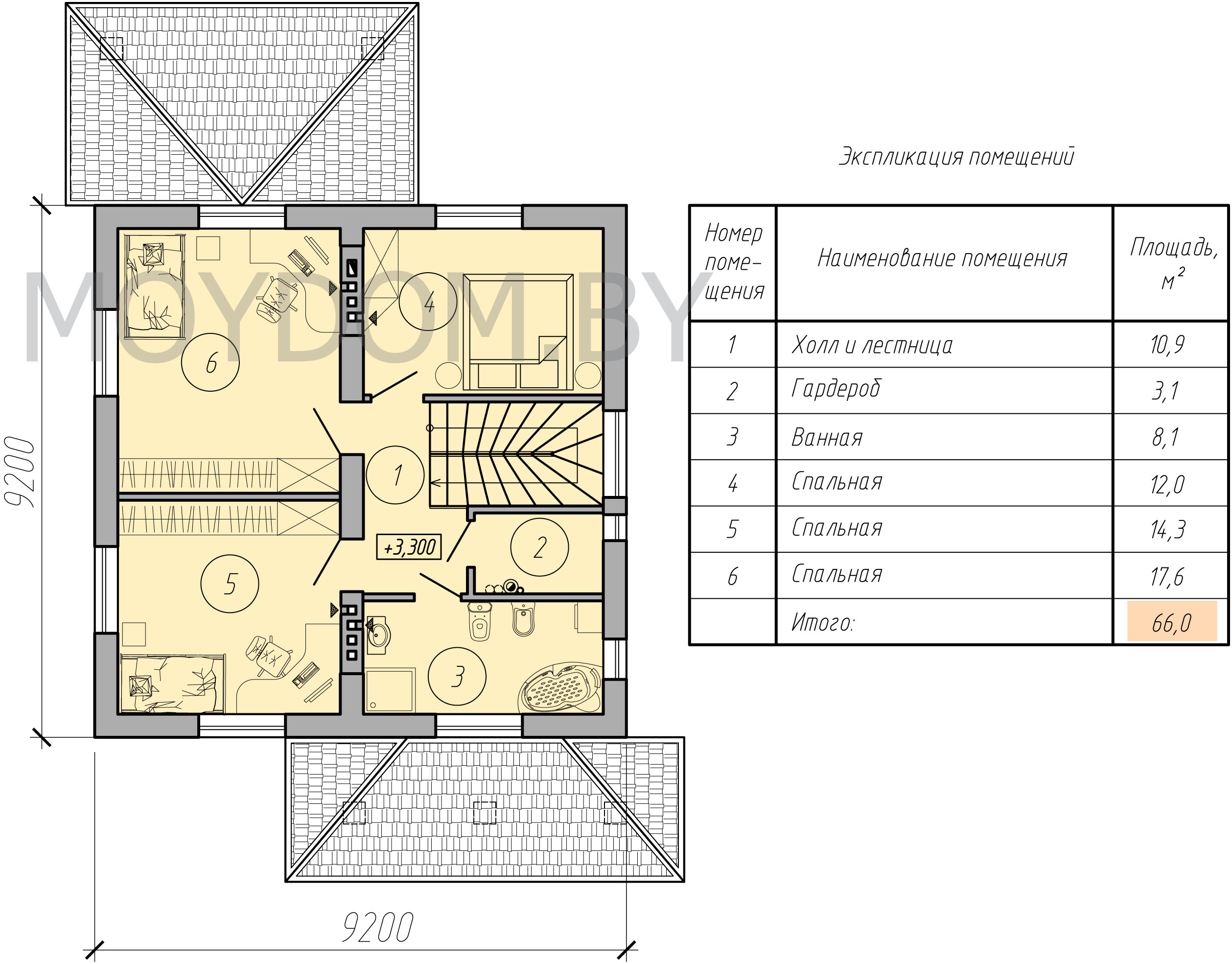 план второго этажа двухэтажного дома с 3 спальнями и гардеробной